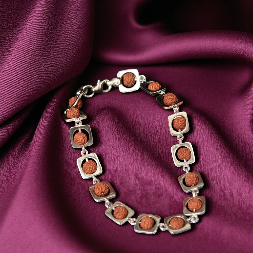 Pure 925 Sterling Silver Rudraksha Bracelet for Unisex - Modern Square Frame Link Design - Spiritual Jewelry Gift (Pack of 1)