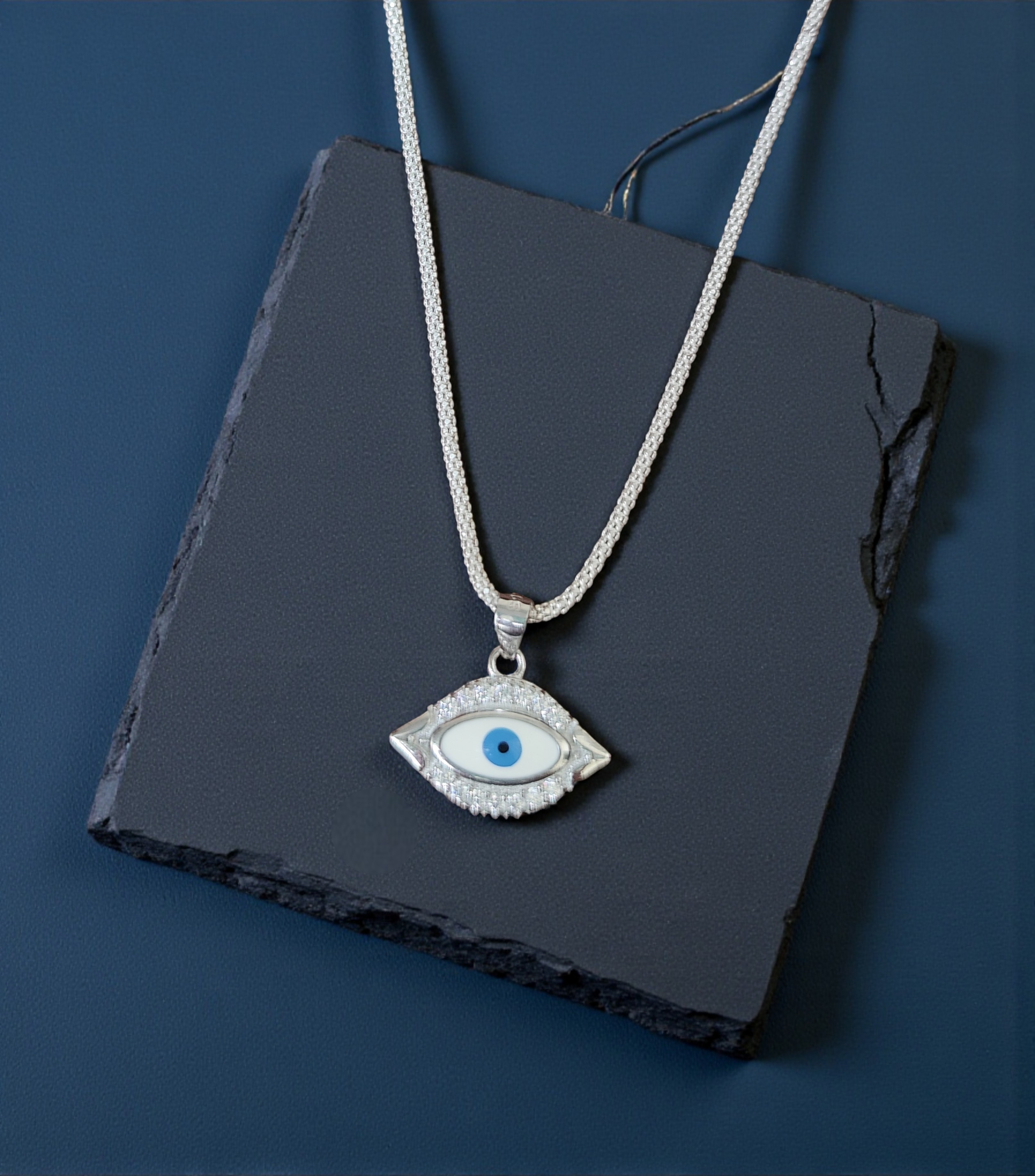 Pure 925 Silver Evil Eye Pendant Necklace with Blue Eye Design Nazar Protection Jewelry for Women & Men