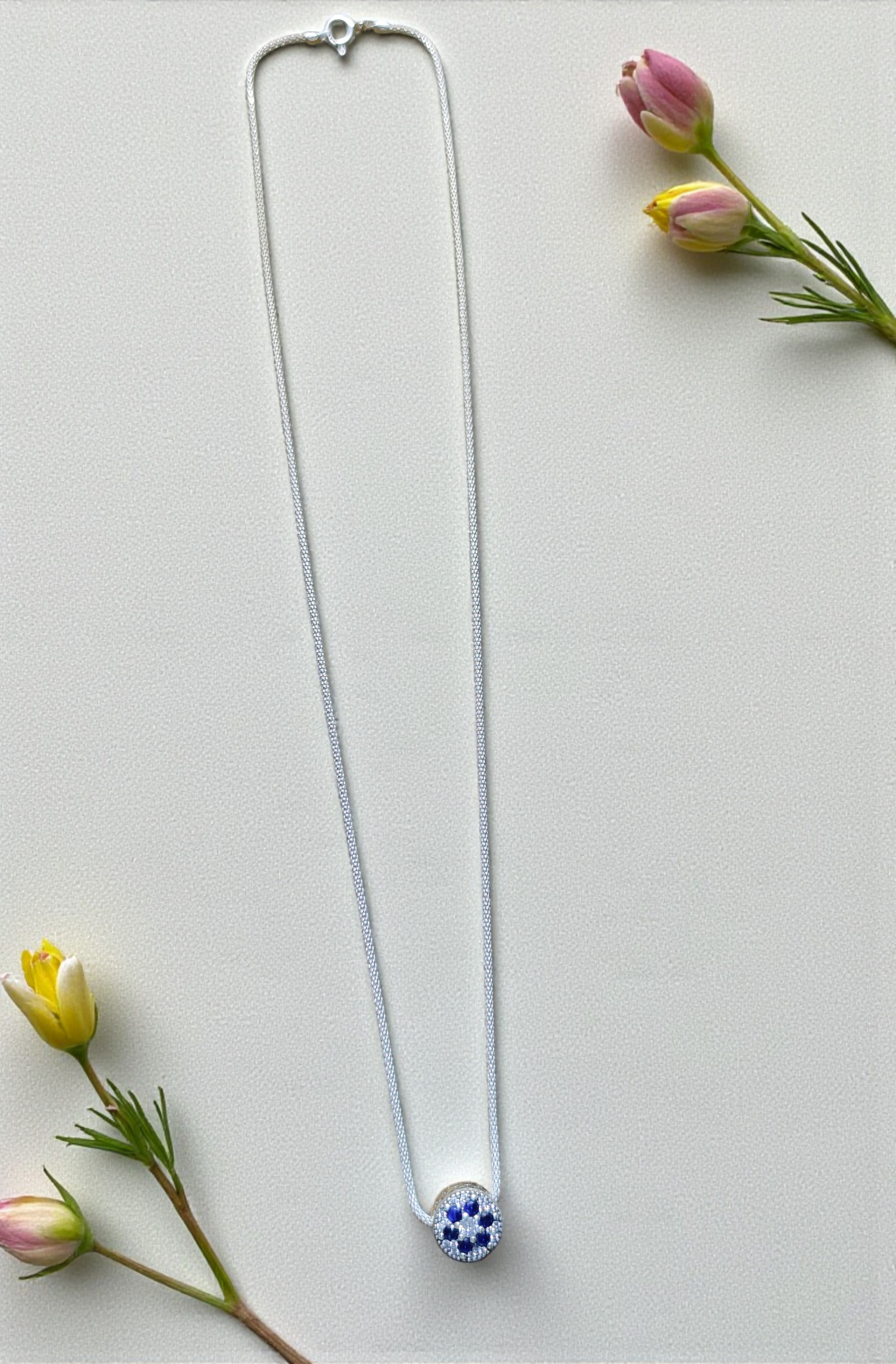 Pure 925 Sterling Silver Blue Sapphire Diamond Stud Pendant For Unisex