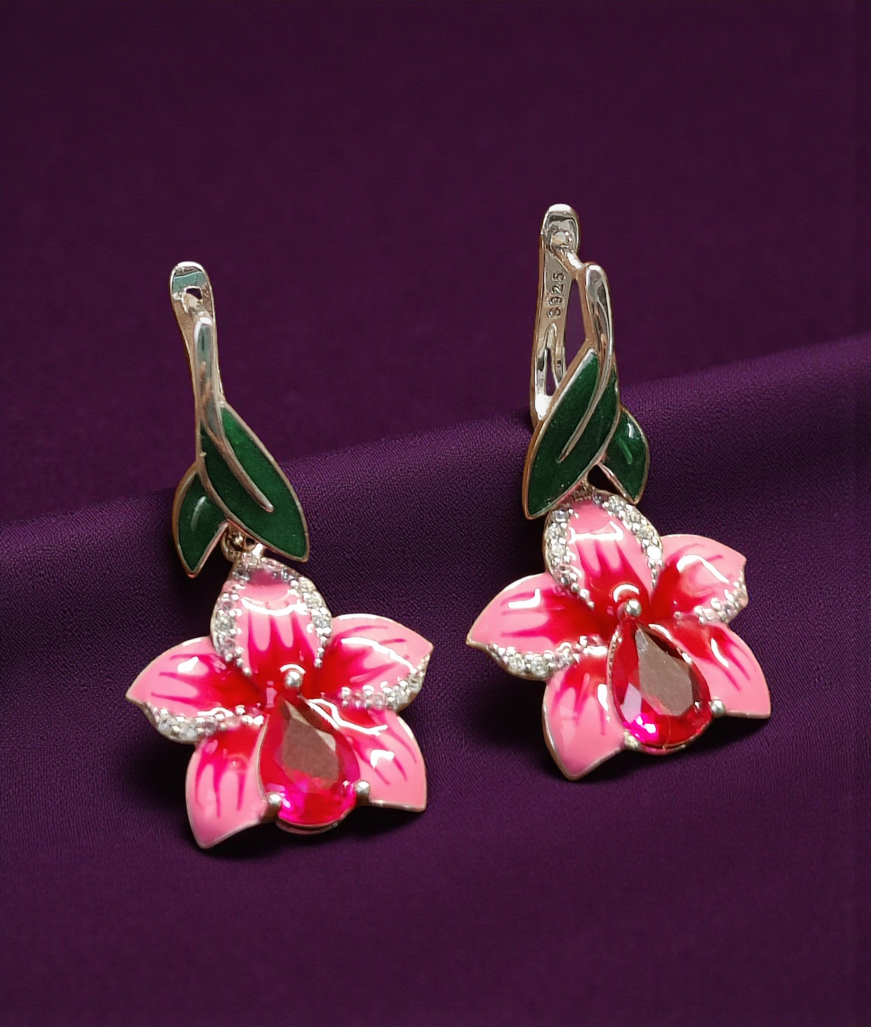 Pure 925 sterling silver Pink Lotus Jewelry Set, Necklace with Pendant, Earrings and Ring For Women,Girls (Set of 1)