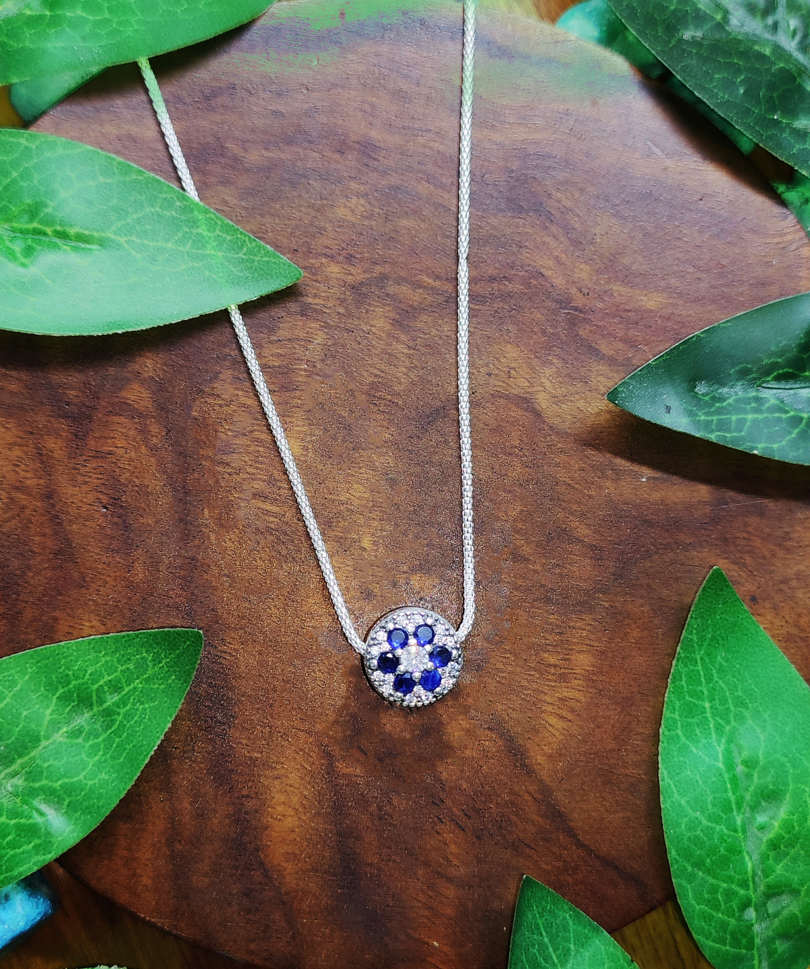 Pure 925 Sterling Silver Blue Sapphire Diamond Stud Pendant For Unisex