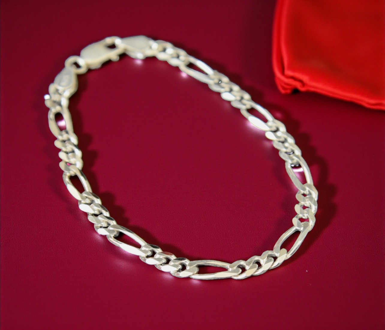 Pure 925 Sterling Silver Figaro Chain Bracelet for Mens