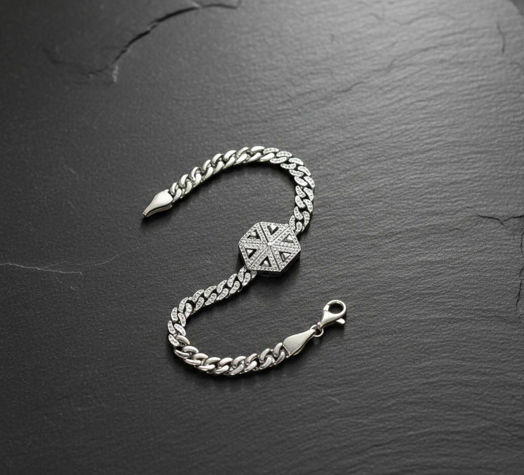 Pure 925 Sterling Silver Bracelet with Cubic Zirconia geometric X design, Centerpiece, Cuban Chain Design For Women,Girls (Pack of 1)