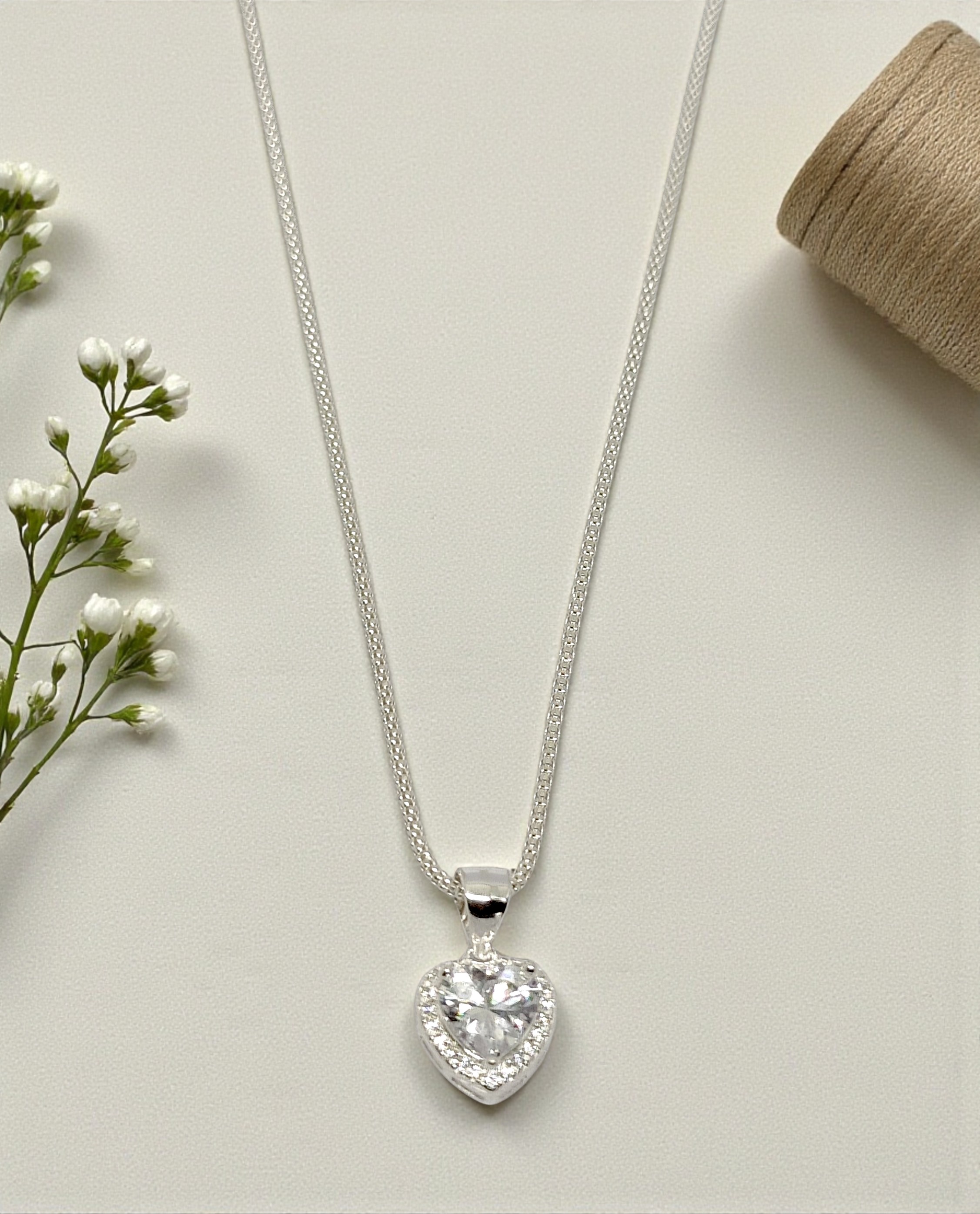 Pure 925 Sterling Silver Heart Shape Jewelry Set - Sparkling CZ Pendant Necklace & Stud Earrings for Women,Girls