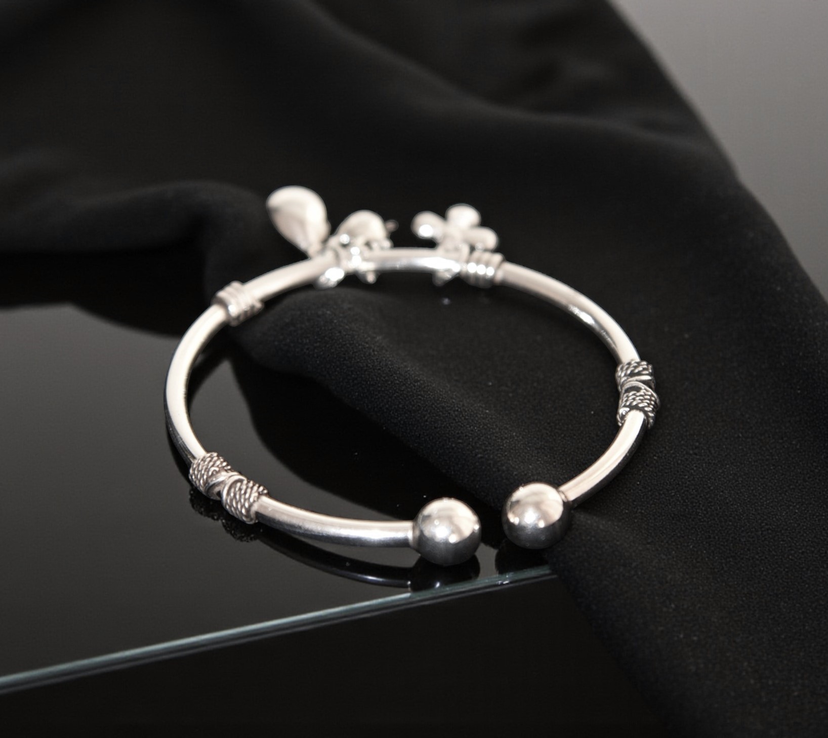 Pure 925 Sterling Silver Charm Bracelet with Teardrop, Turtle, and Flower Charms, Open Cuff Bangle For Women (Pack of 1)