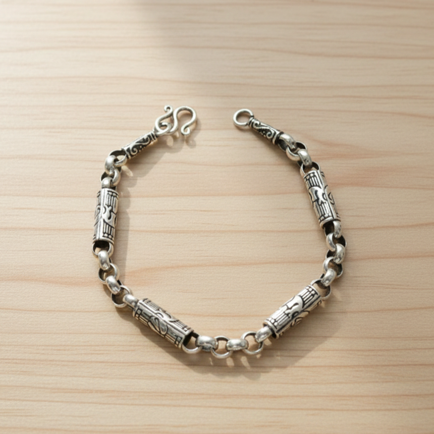Pure 925 Sterling Silver Link Bracelet with Carved Barrel Beads, Vintage Punk Style Hook Clasp, For Mens (Pack of 1)