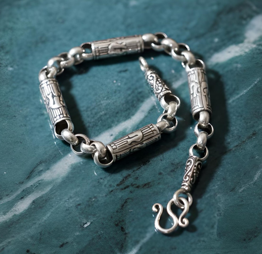 Pure 925 Sterling Silver Link Bracelet with Carved Barrel Beads, Vintage Punk Style Hook Clasp, For Mens (Pack of 1)