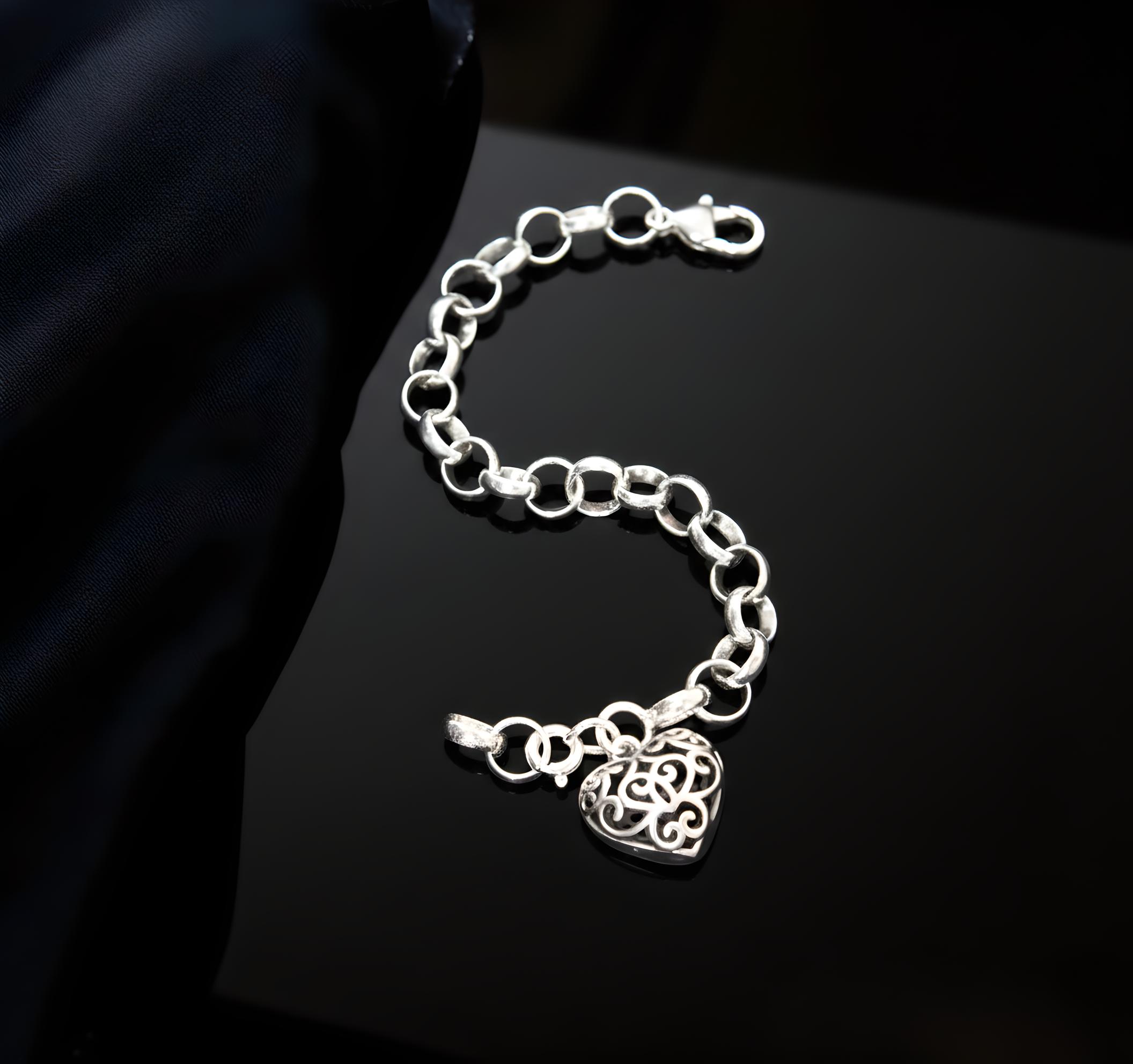 Pure 925 Sterling Silver Chain Bracelet with Filigree Heart Charm For Women,Girls (Pack of 1)