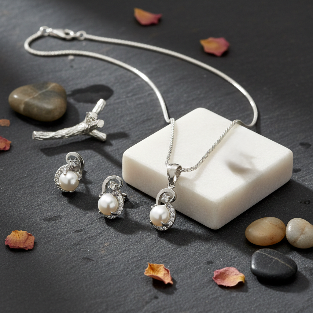 Pure 925 sterling silver Elegant Pearl Necklace & Earrings Set, Jewelry Set For Women,Girls (Set of 1)