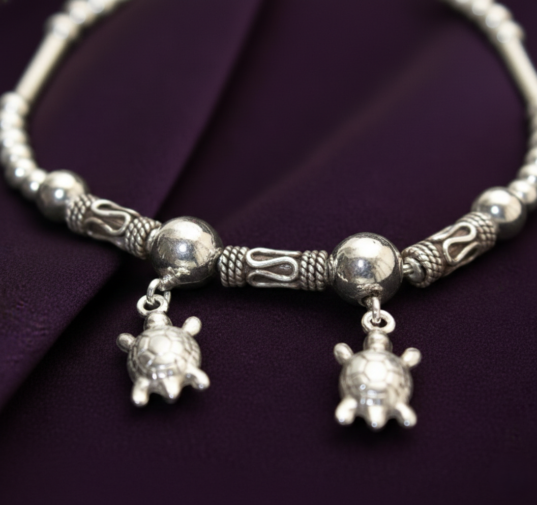 Pure 925 Sterling Silver Bracelet with Turtle Charms, Beaded Design with Adjustable Chain, For Women,Girls, Pack of 1