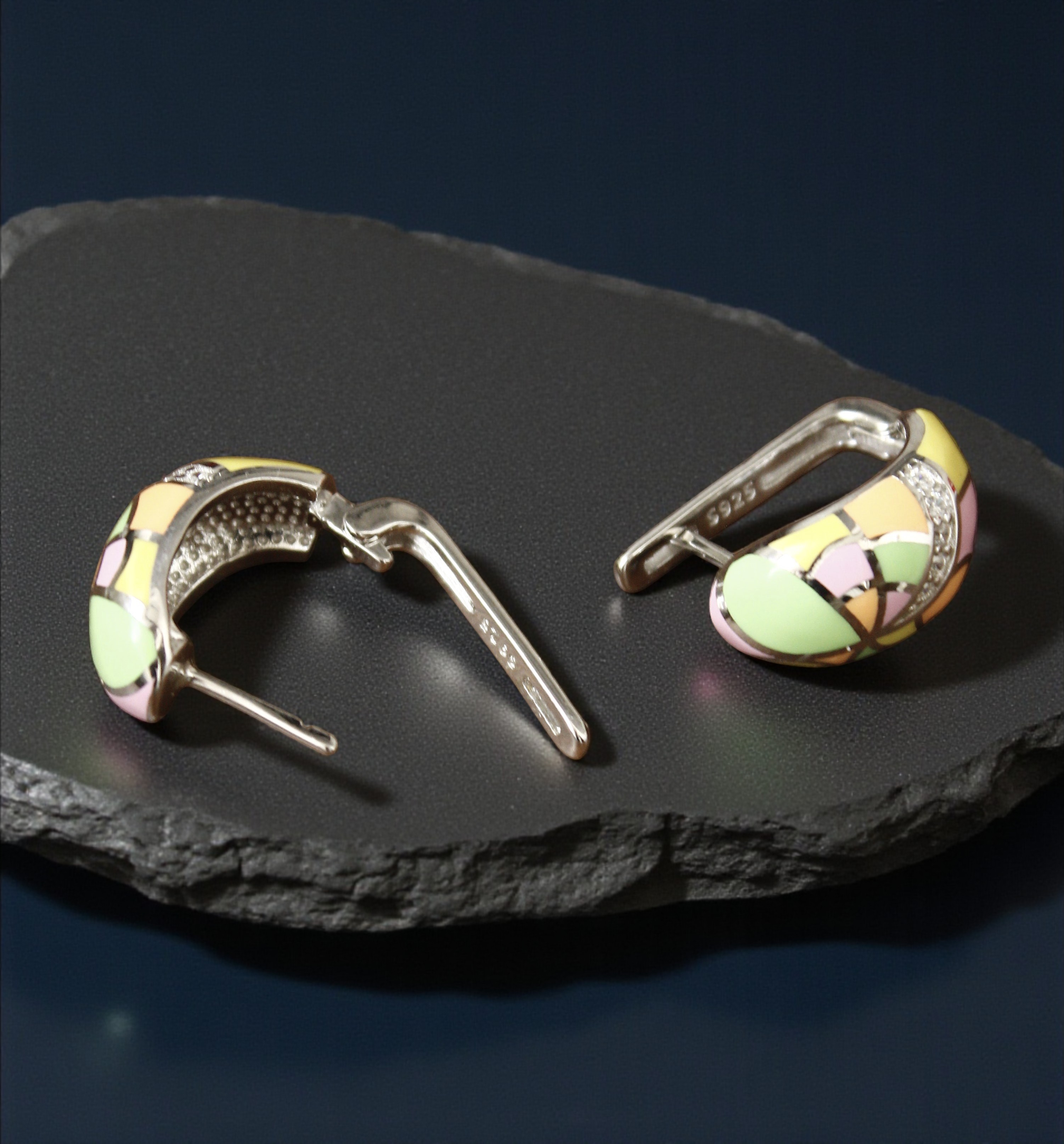 Pure 925 Sterling Silver Hoop Earrings, Multicolour Enamel with Crystal Accents, Contemporary Geometric Design Earring For Women,Girls