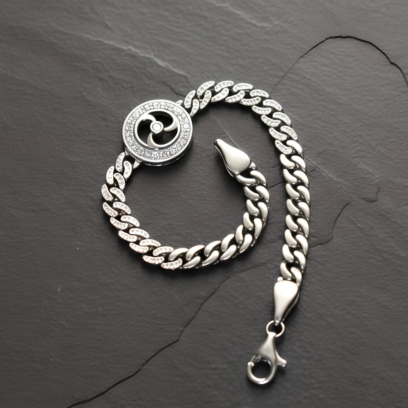 Pure 925 Sterling Silver Cuban Chain Bracelet with Crystal Embellished Circular Charm, Lobster Clasp Closure For Women,Girls (Pack of 1)