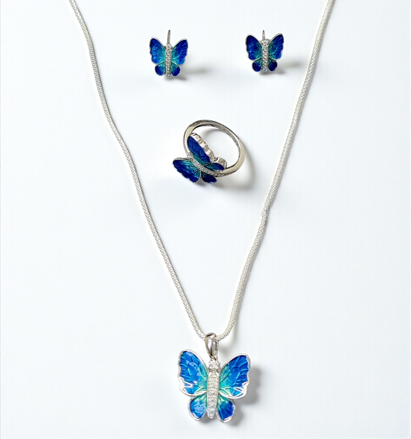Pure 925 sterling silver Blue Butterfly Jewelry Set Necklace with Pendant, Earrings and Ring For Women,Girls (Set of 1)