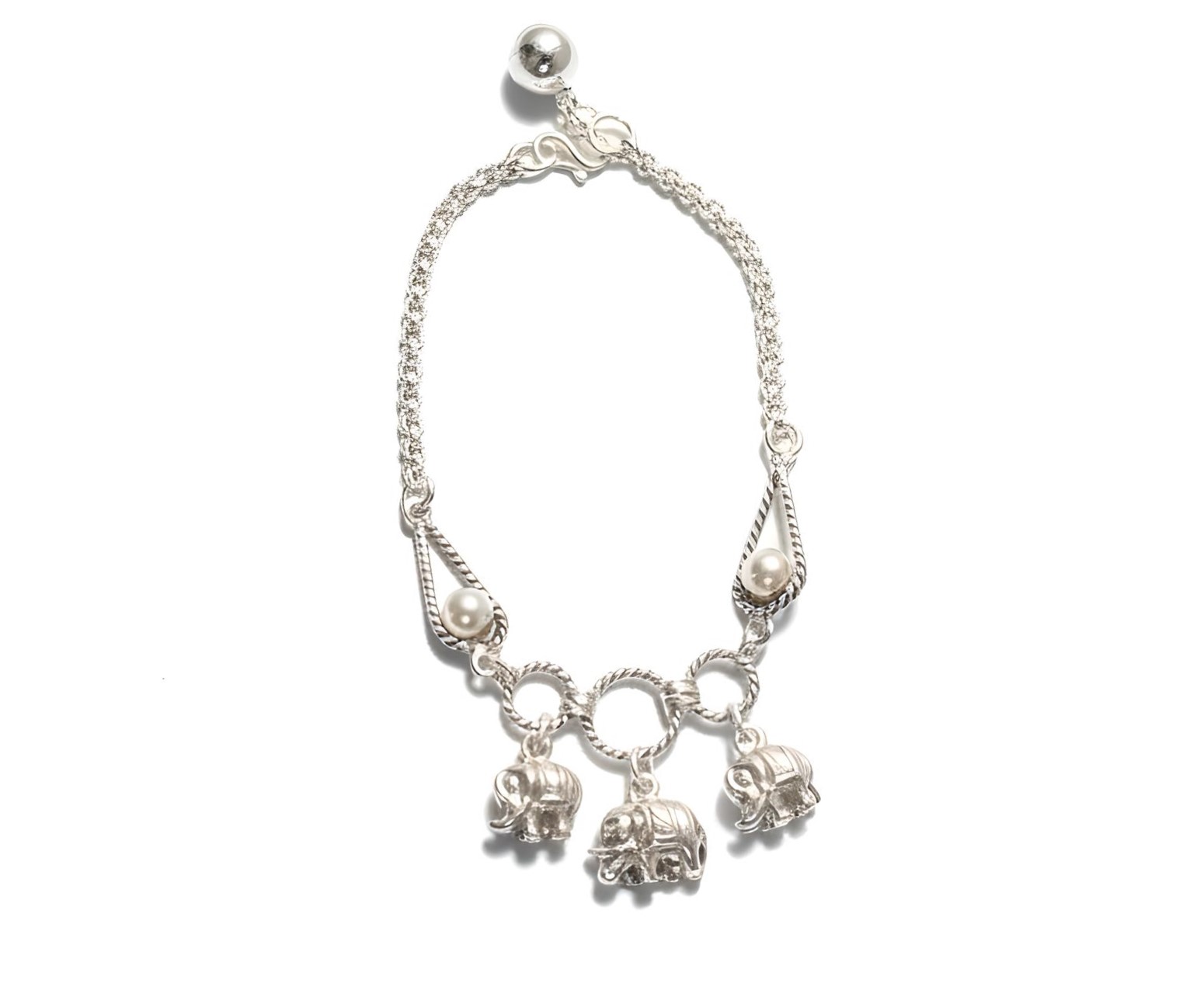 Pure 925 Sterling Silver Bracelet with Pearl Accents and Elephant Charms For Women,Girls (Pack of 1)