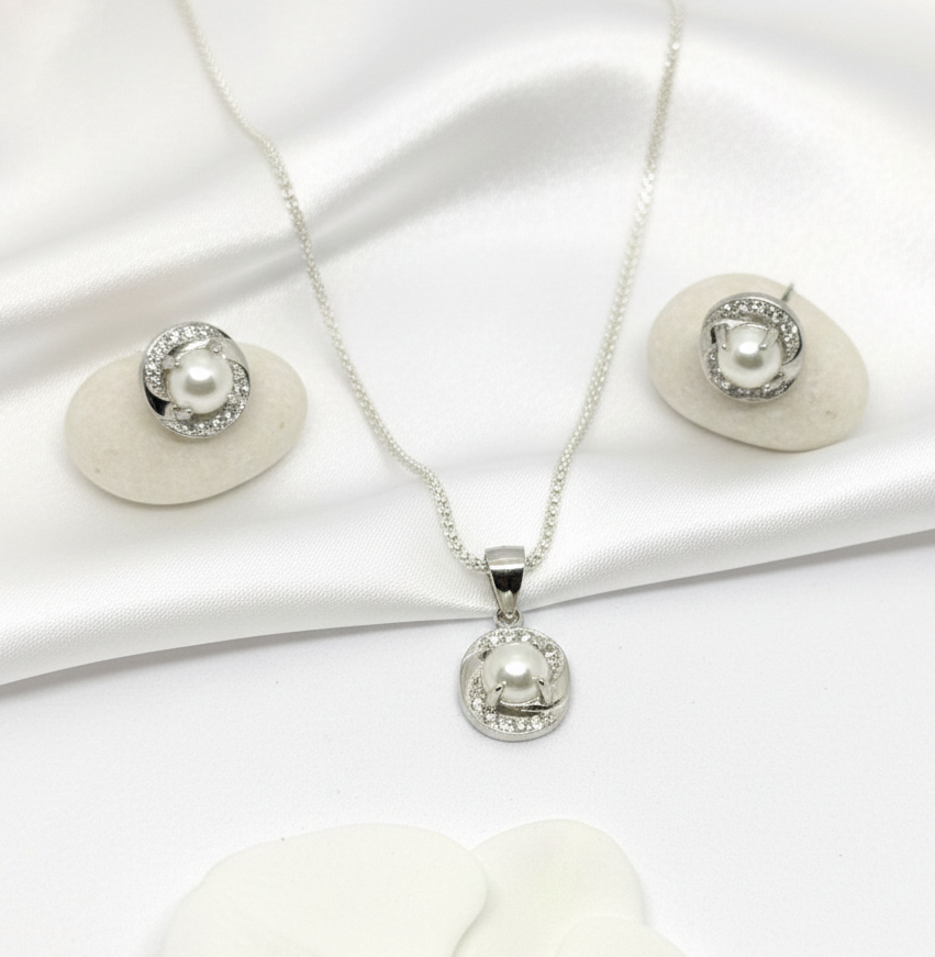 Pure 925 sterling silver Pearl Pendant Necklace and Earrings Jewelry Set For Women,Girls (Set of 1)