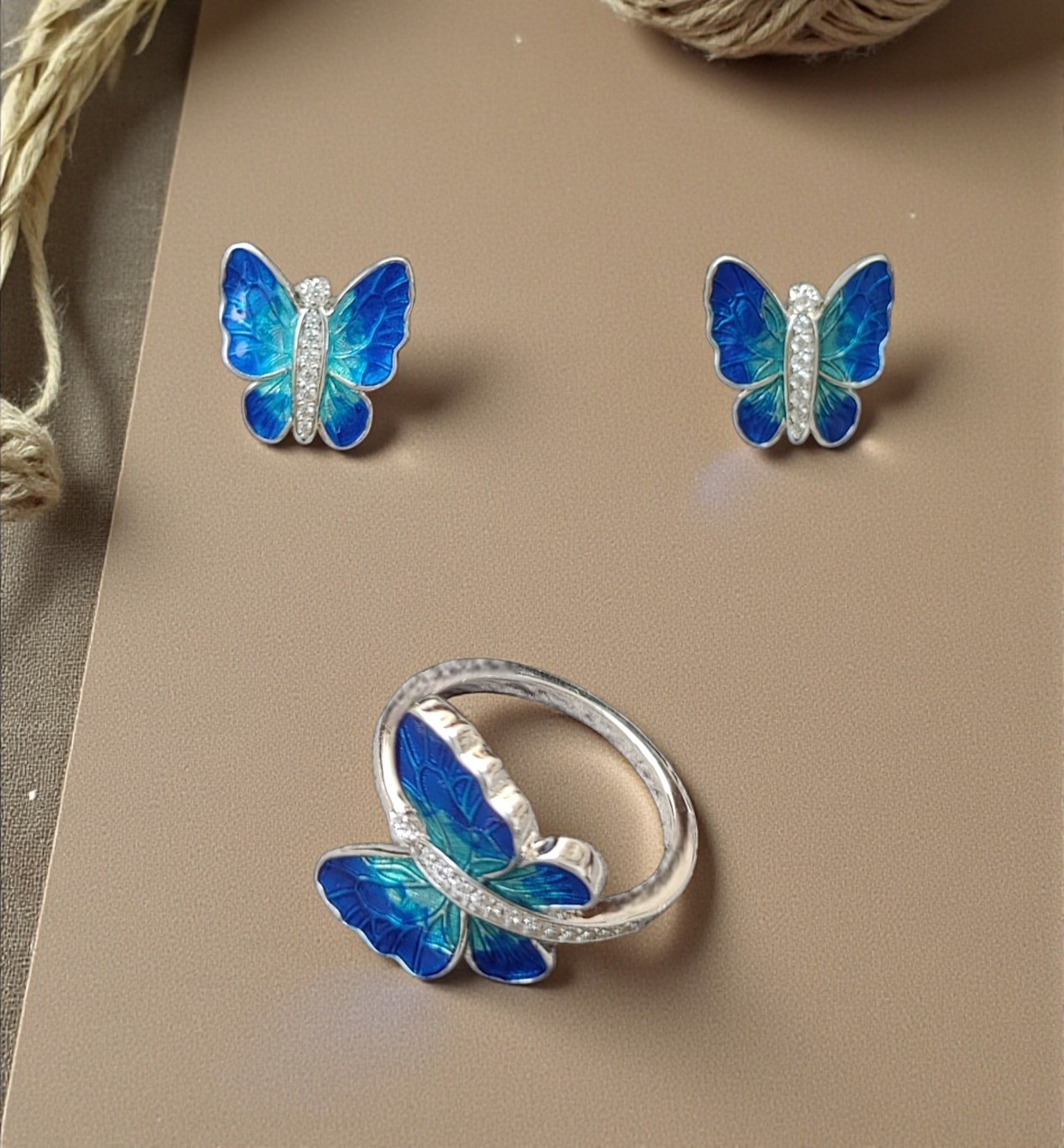 Pure 925 sterling silver Blue Butterfly Jewelry Set Necklace with Pendant, Earrings and Ring For Women,Girls (Set of 1)