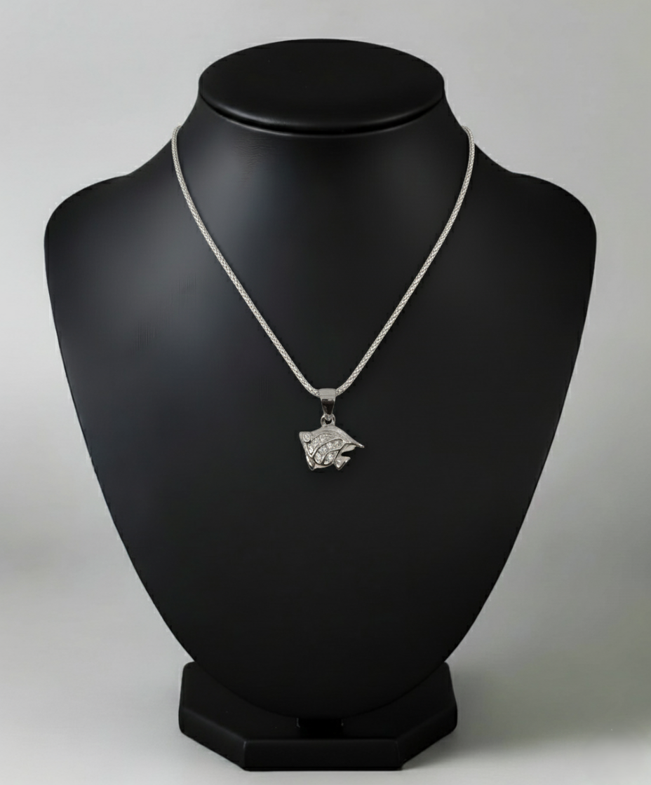 Pure 925 Silver Fish Pendant with Chain, Sterling Silver Necklace | Sparkling Crystals | Fish Locket for Women (pack of 1)