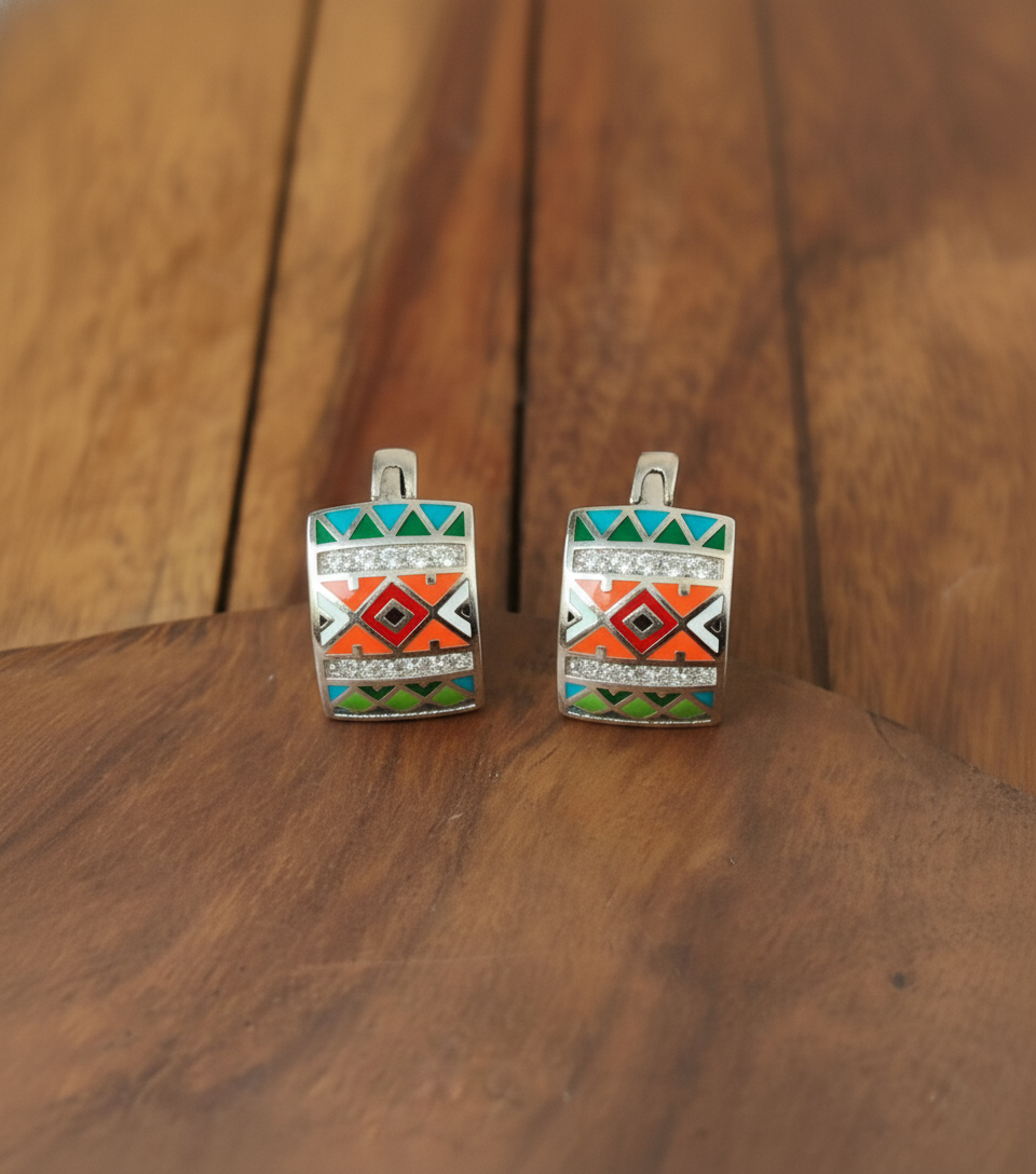 Pure 925 Sterling Silver Earring Multicolor Geometric Pattern Earrings with Crystal Accents For Women,Girls