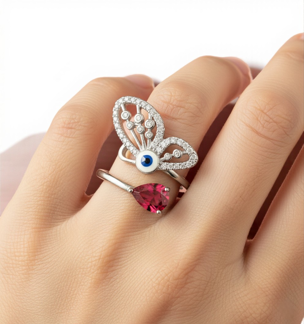 Pure 925 Sterling Silver Butterfly Evil Eye Adjustable Ring Design, Nature-Inspired Jewellery for Women,Girl (Pack of 1)