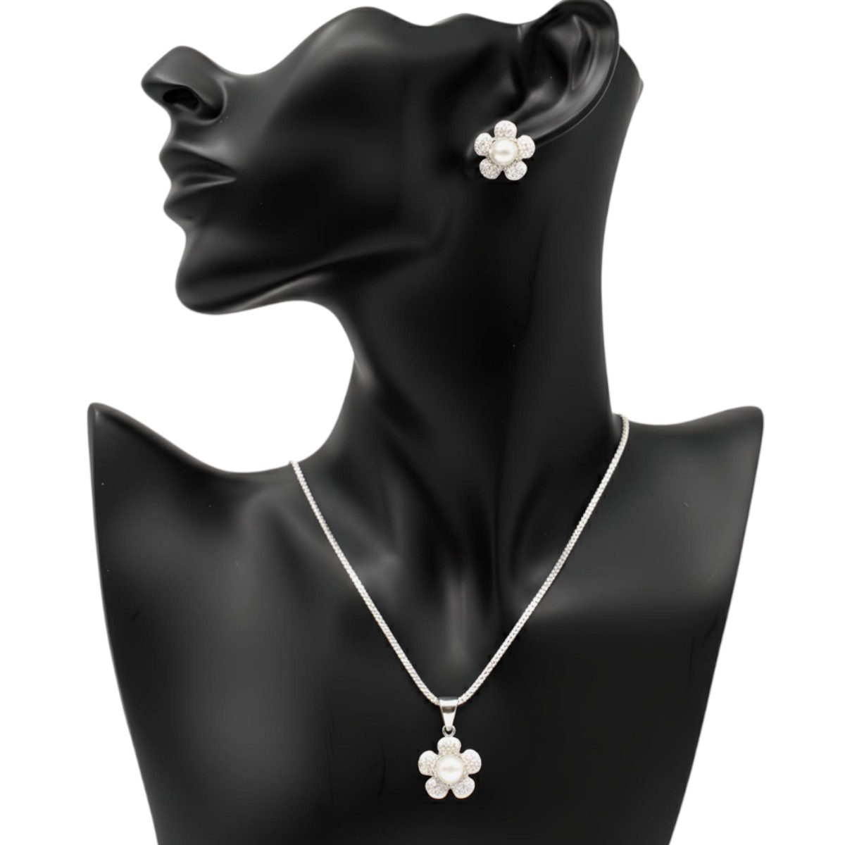 Pure 925 Sterling silver Pearl Flower Pendant Necklace and Earrings Jewelry Set For Women,Girls (Set of 1)