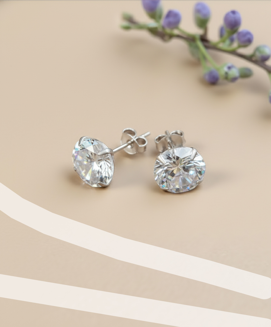 Pure 925 Sterling Silver Crystal Stud Earrings Cubic Zirconia Stone Studs For Women,Girl (Set of 1 Pair)