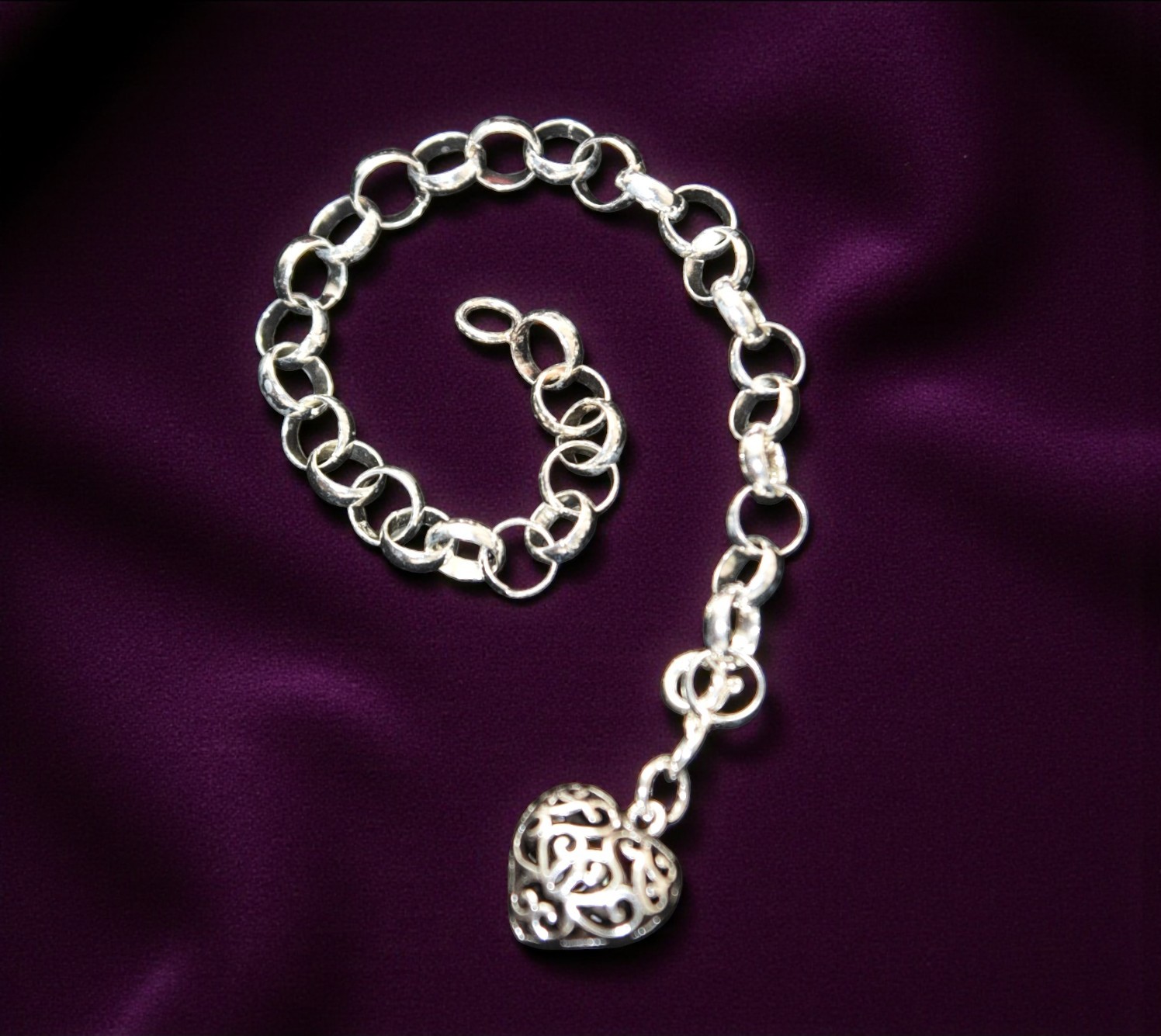 Pure 925 Sterling Silver Chain Bracelet with Filigree Heart Charm For Women,Girls (Pack of 1)