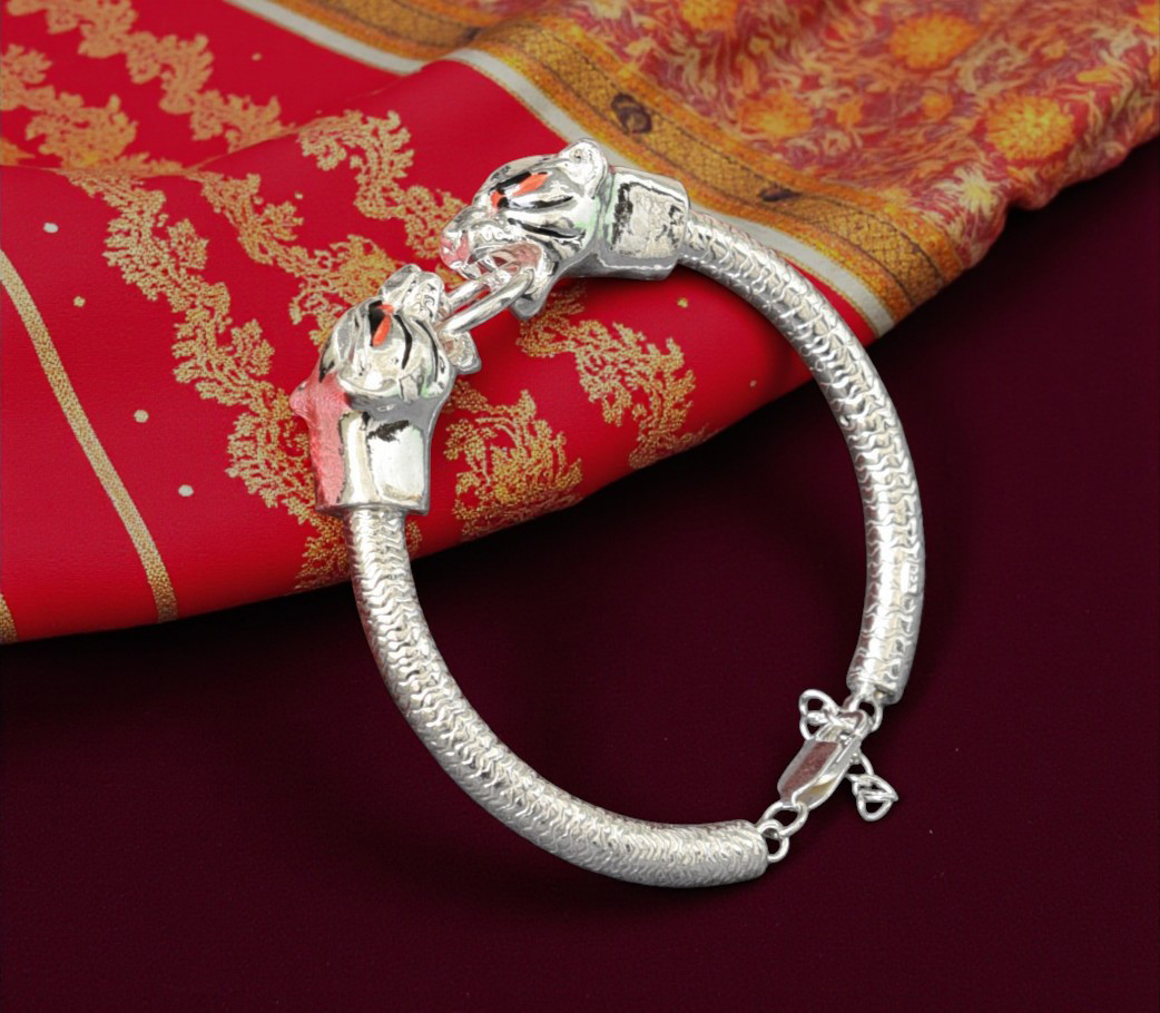 Pure 925 Sterling Silver Twin Jaguar Sterling Silver Fusion Bracelet with Red Stone Accents. With Adjustable Chain, Bracelet For Mens (Pack of 1)