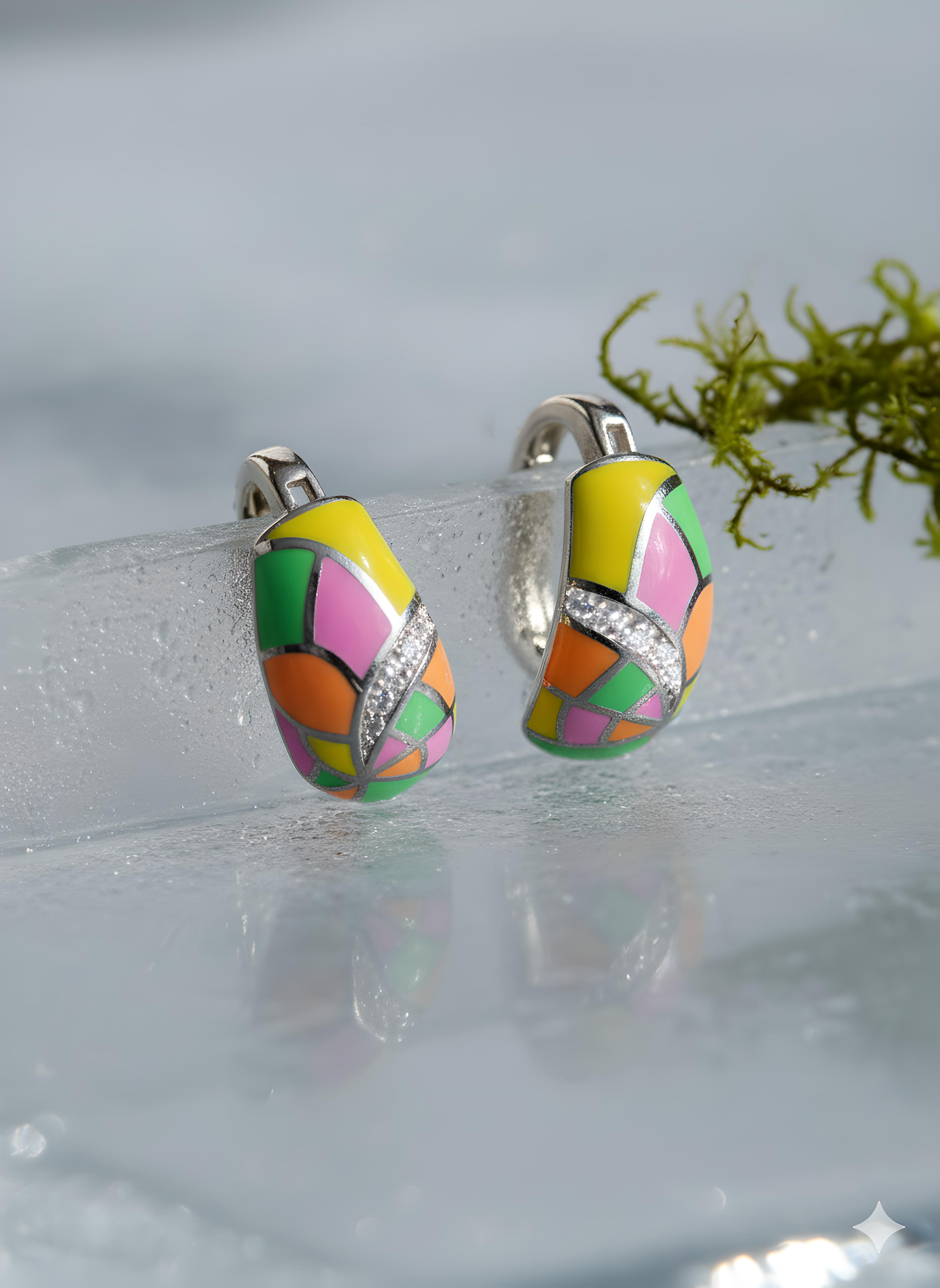 Pure 925 Sterling Silver Hoop Earrings, Multicolour Enamel with Crystal Accents, Contemporary Geometric Design Earring For Women,Girls