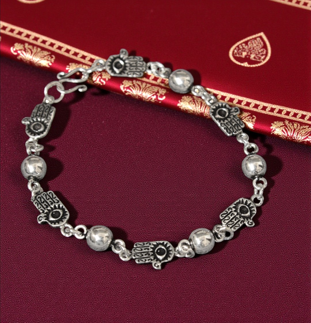 Pure 925 Sterling Silver Hamsa Hand Bracelet with Evil Eye Charms and Beads, For Unisex (Pack of 1)