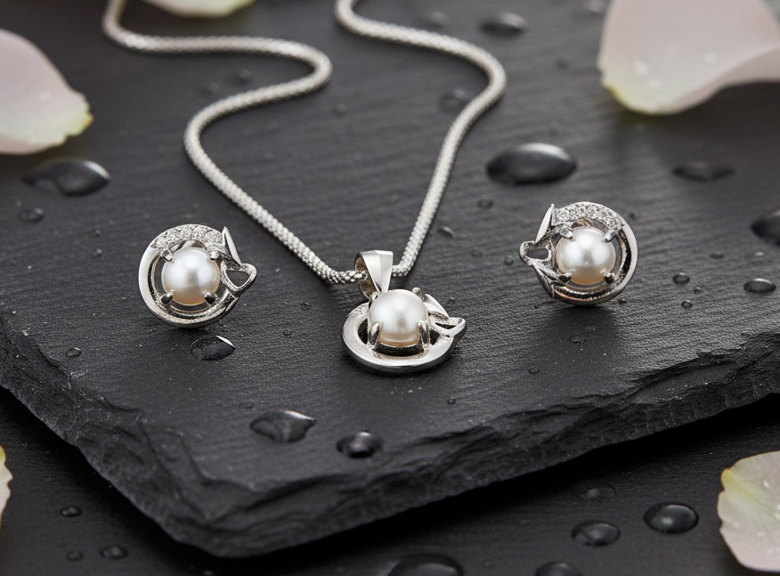  Pure 925 sterling silver Elegant Pearl Cat Pendant Jewelry Set Necklace and Earrings Jewelry Set For Women,Girls (Set of 1)