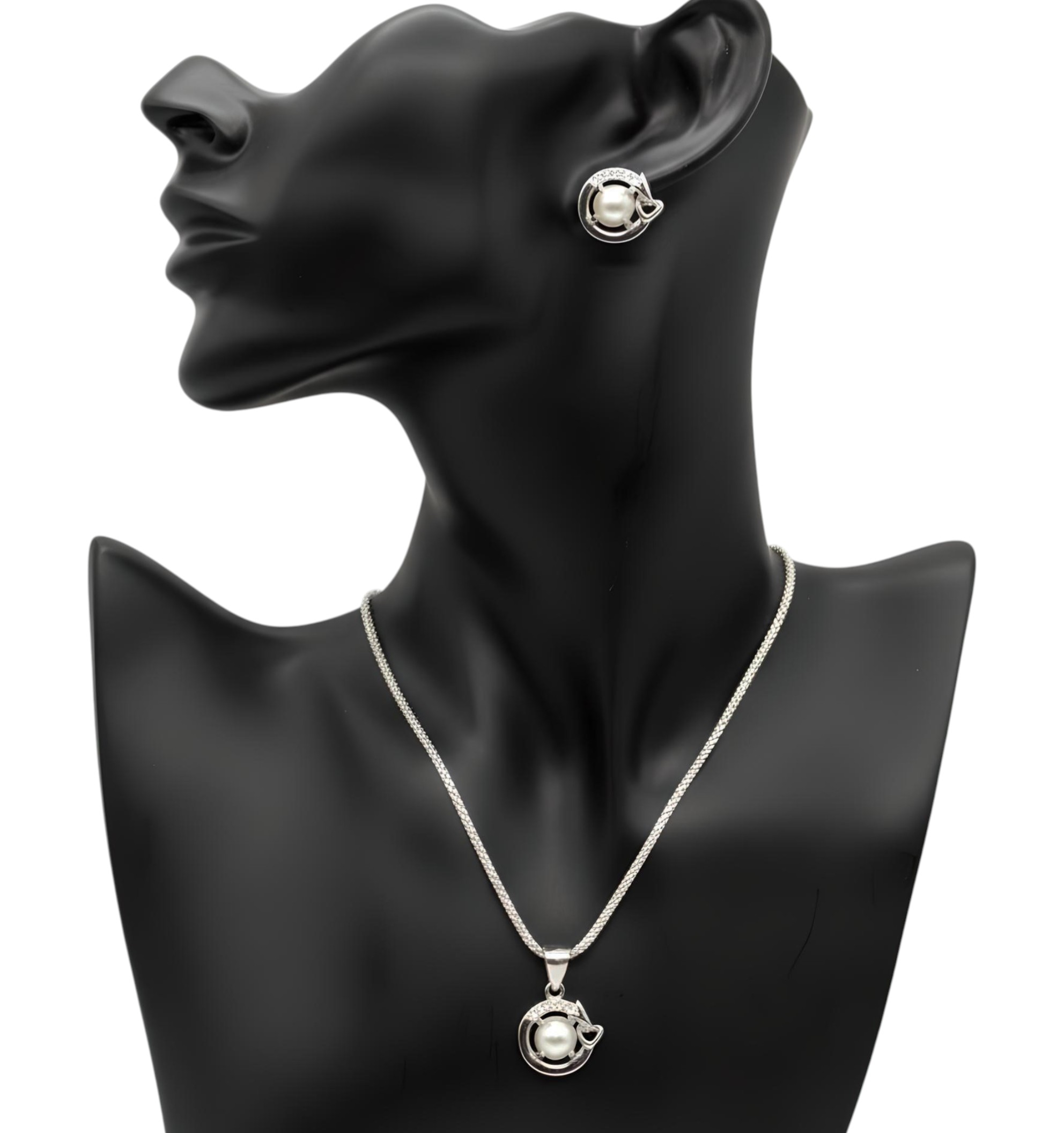  Pure 925 sterling silver Elegant Pearl Cat Pendant Jewelry Set Necklace and Earrings Jewelry Set For Women,Girls (Set of 1)