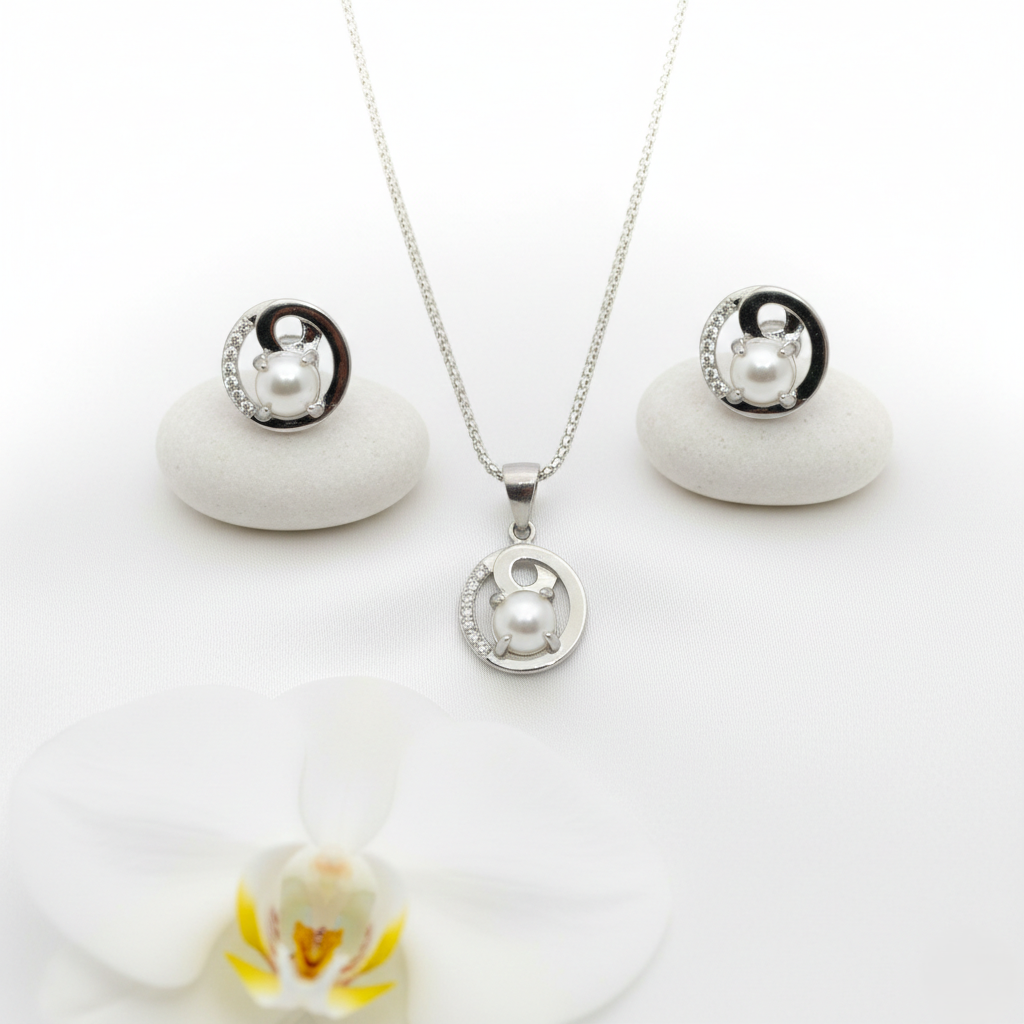 Pure 925 sterling silver Elegant Pearl Jewelry Set   Necklace and Earrings Jewelry Set For Women,Girls (Set of 1)