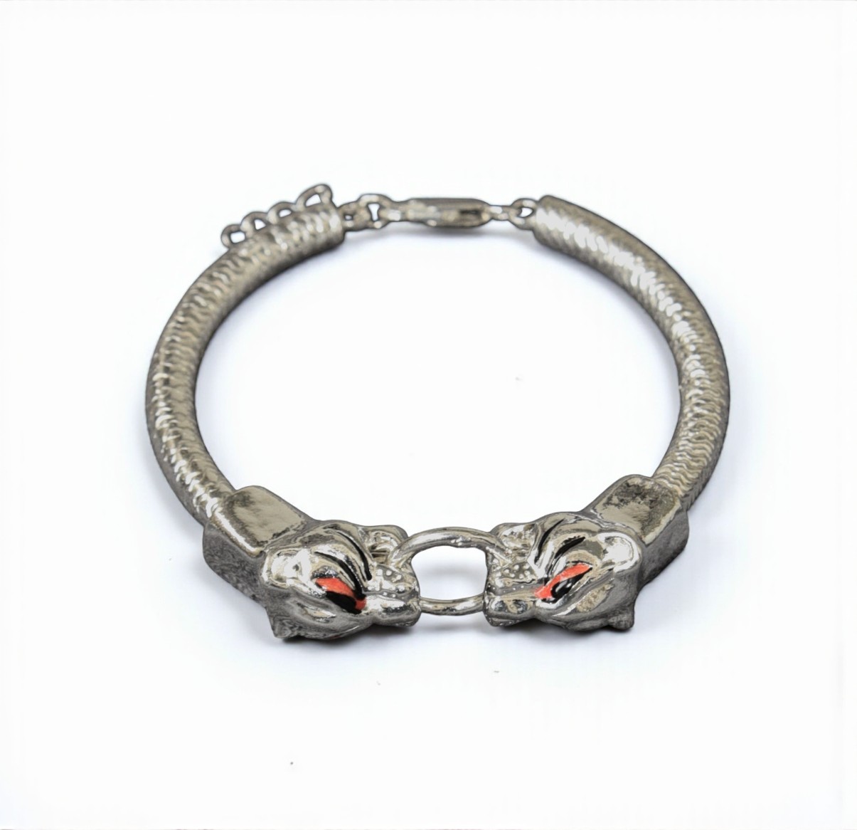 Pure 925 Sterling Silver Twin Jaguar Sterling Silver Fusion Bracelet with Red Stone Accents. With Adjustable Chain, Bracelet For Mens (Pack of 1)