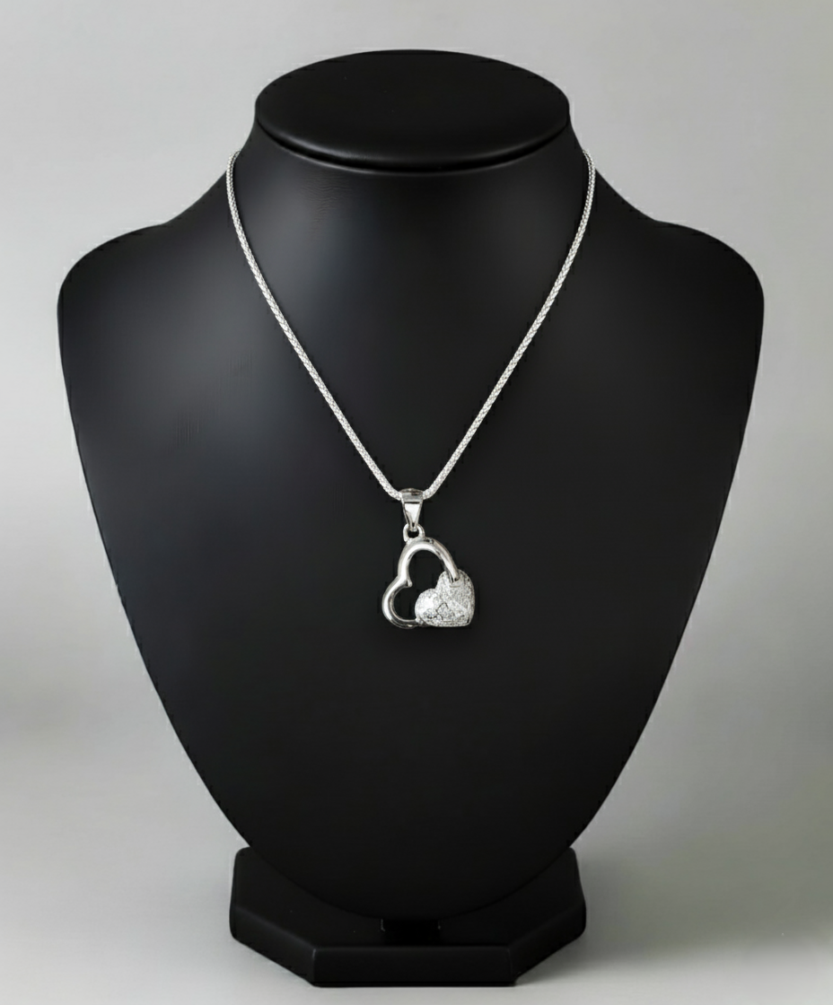 Pure 925 Silver double Heart Pendant Necklace | Dainty Cubic Zirconia Heart Charm – Romantic Gift for Her