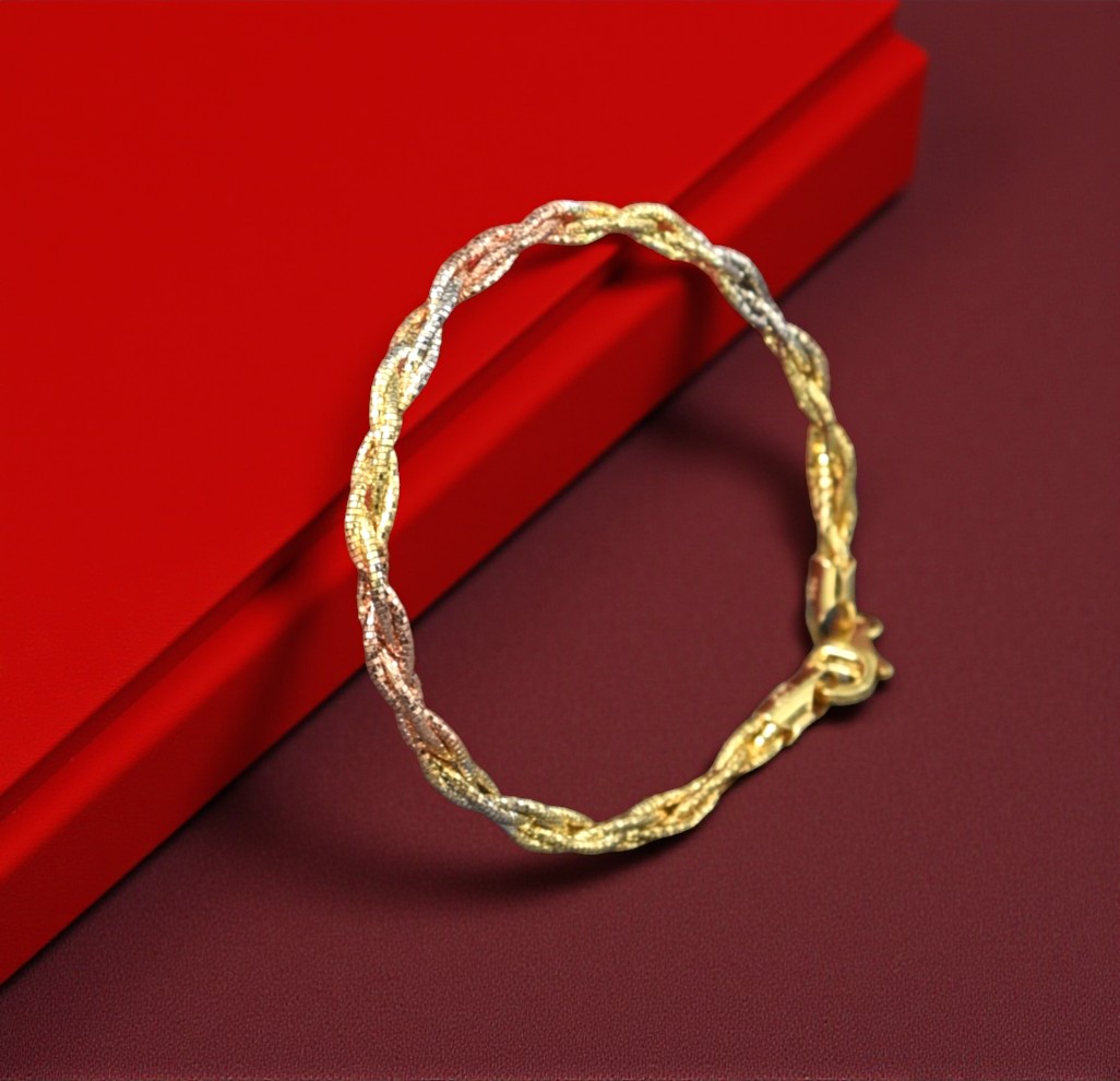 Pure 925 Sterling Silver Twisted Tri-Color Bracelet, Gold Rose Gold Silver Tone, For Women,Girls (Pack of 1)
