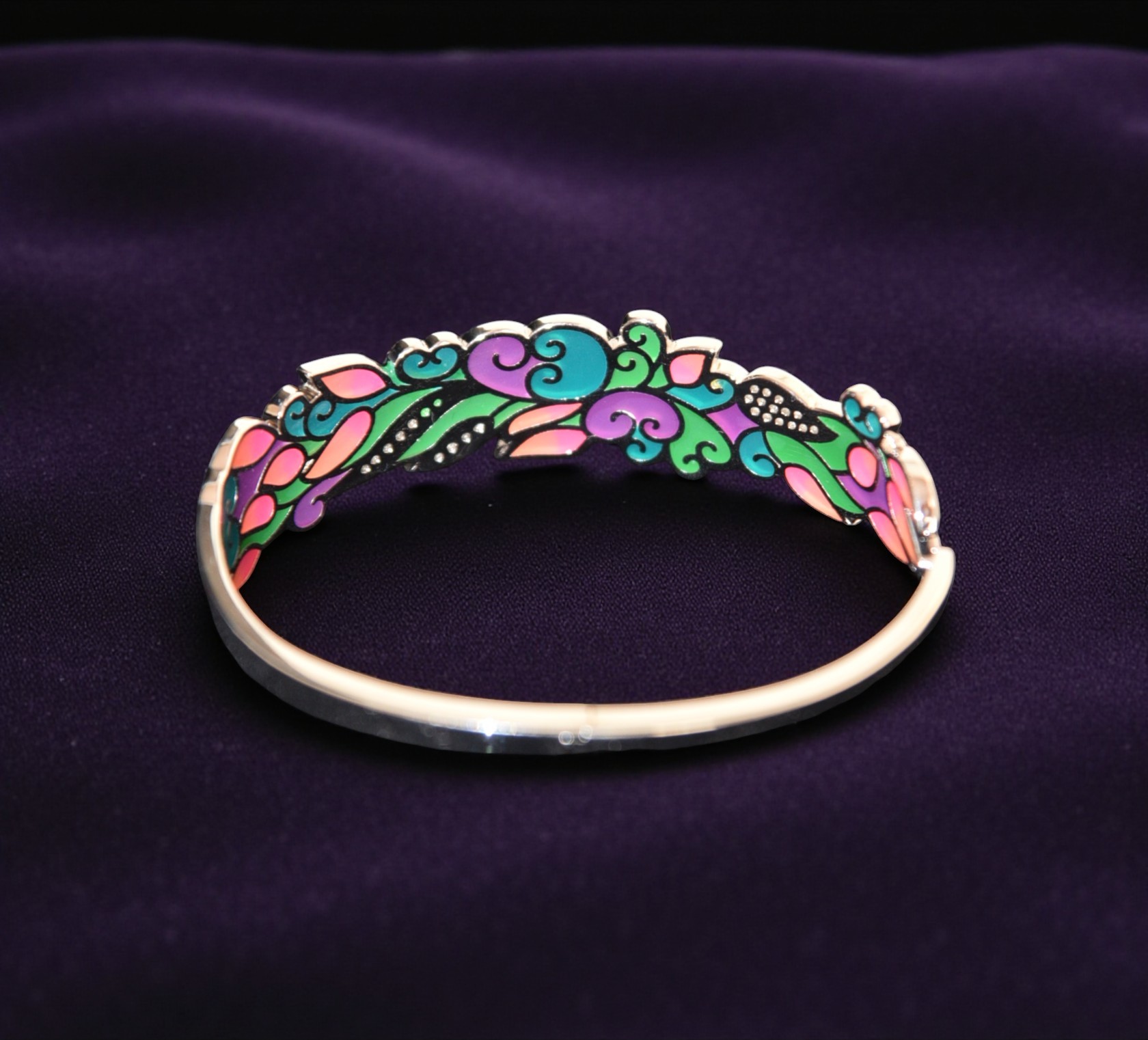 Pure 925 Sterling Silver Colorful Enamel Bangle Bracelet with Crystal Accents, Floral Design For Women (Pack of 1)