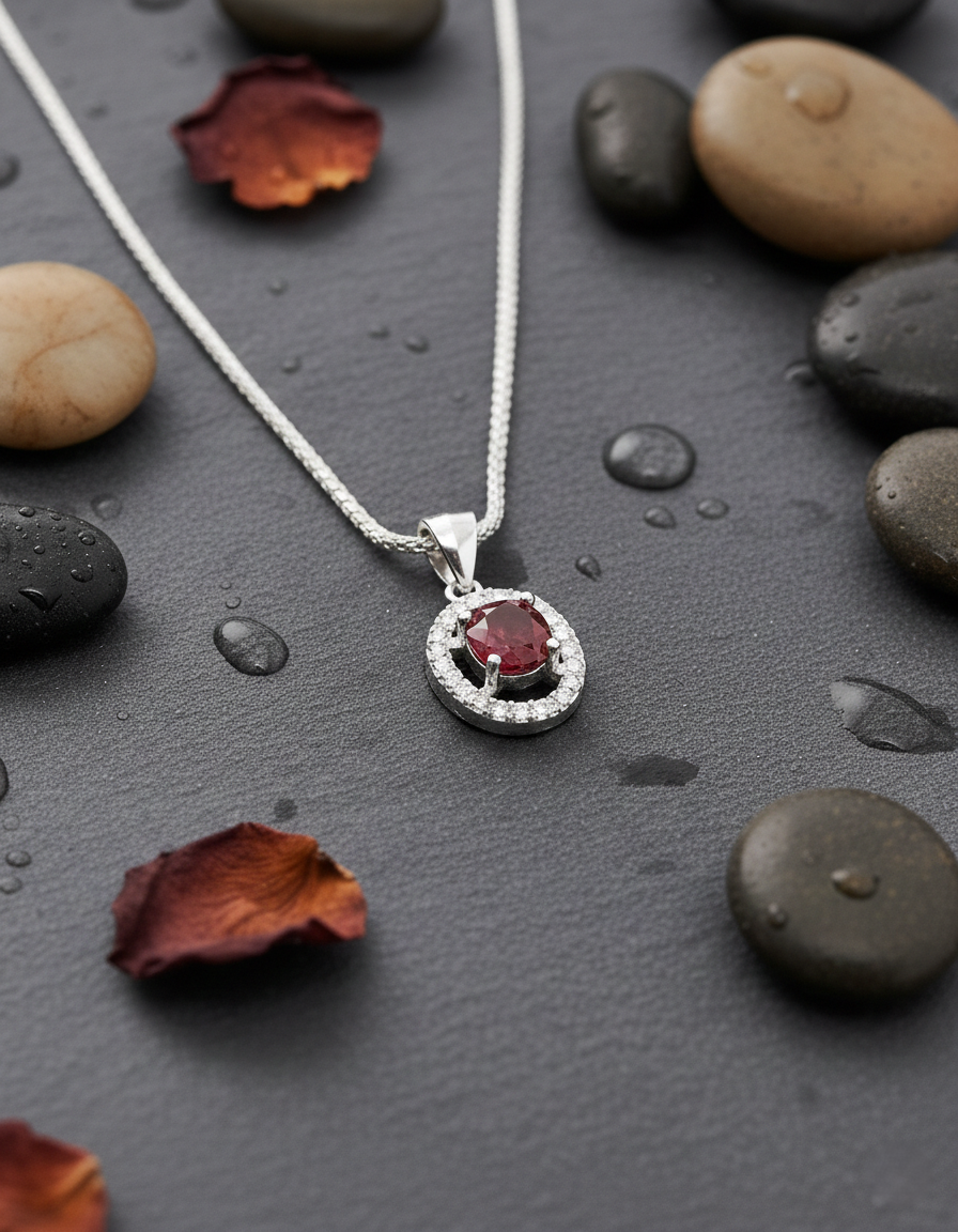 Pure 925 Sterling Silver Elegant Red Stone Oval Halo Jewelry Sett - Sparkling CZ Pendant Necklace & Stud Earrings for Women,Girl