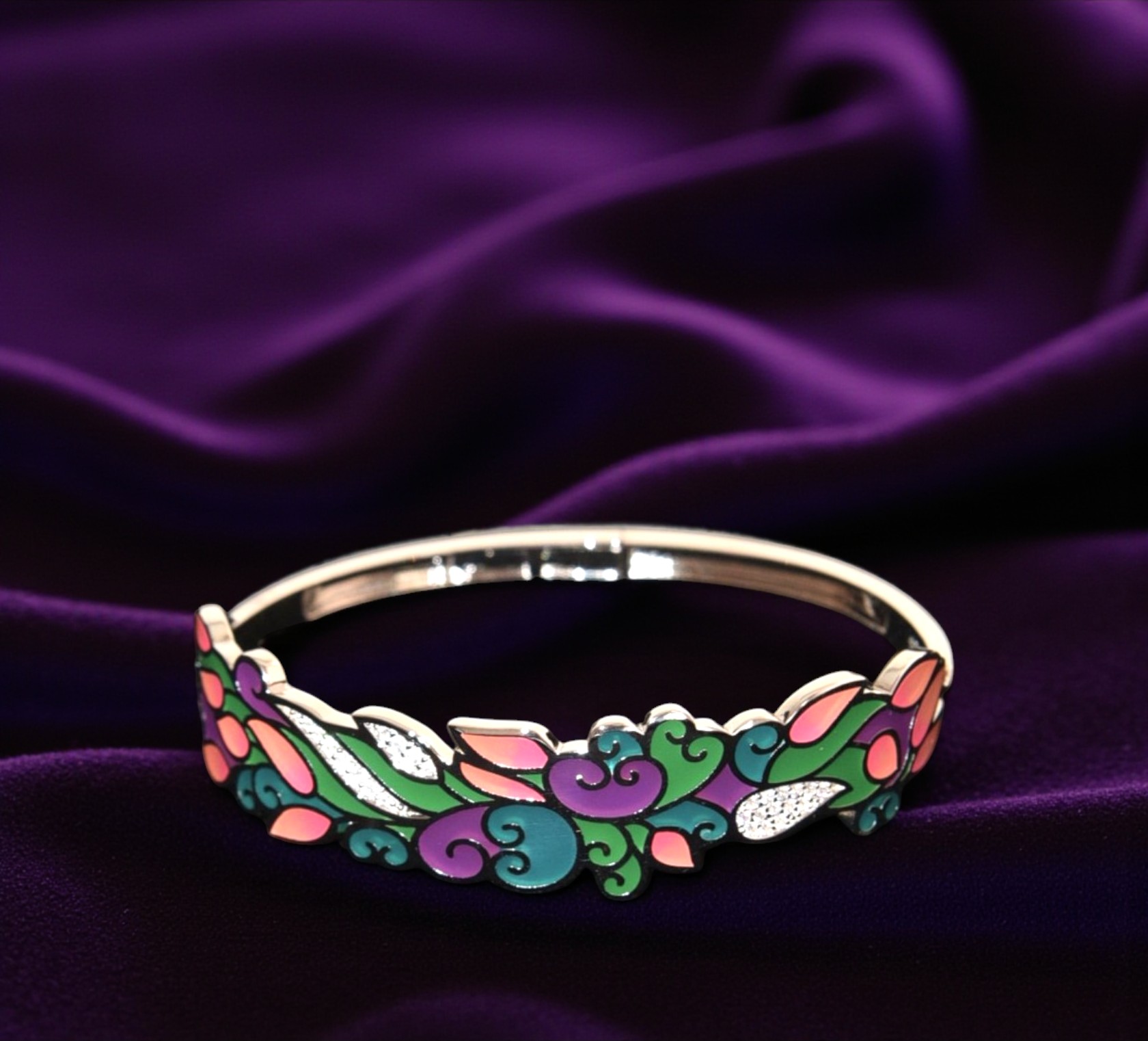 Pure 925 Sterling Silver Colorful Enamel Bangle Bracelet with Crystal Accents, Floral Design For Women (Pack of 1)