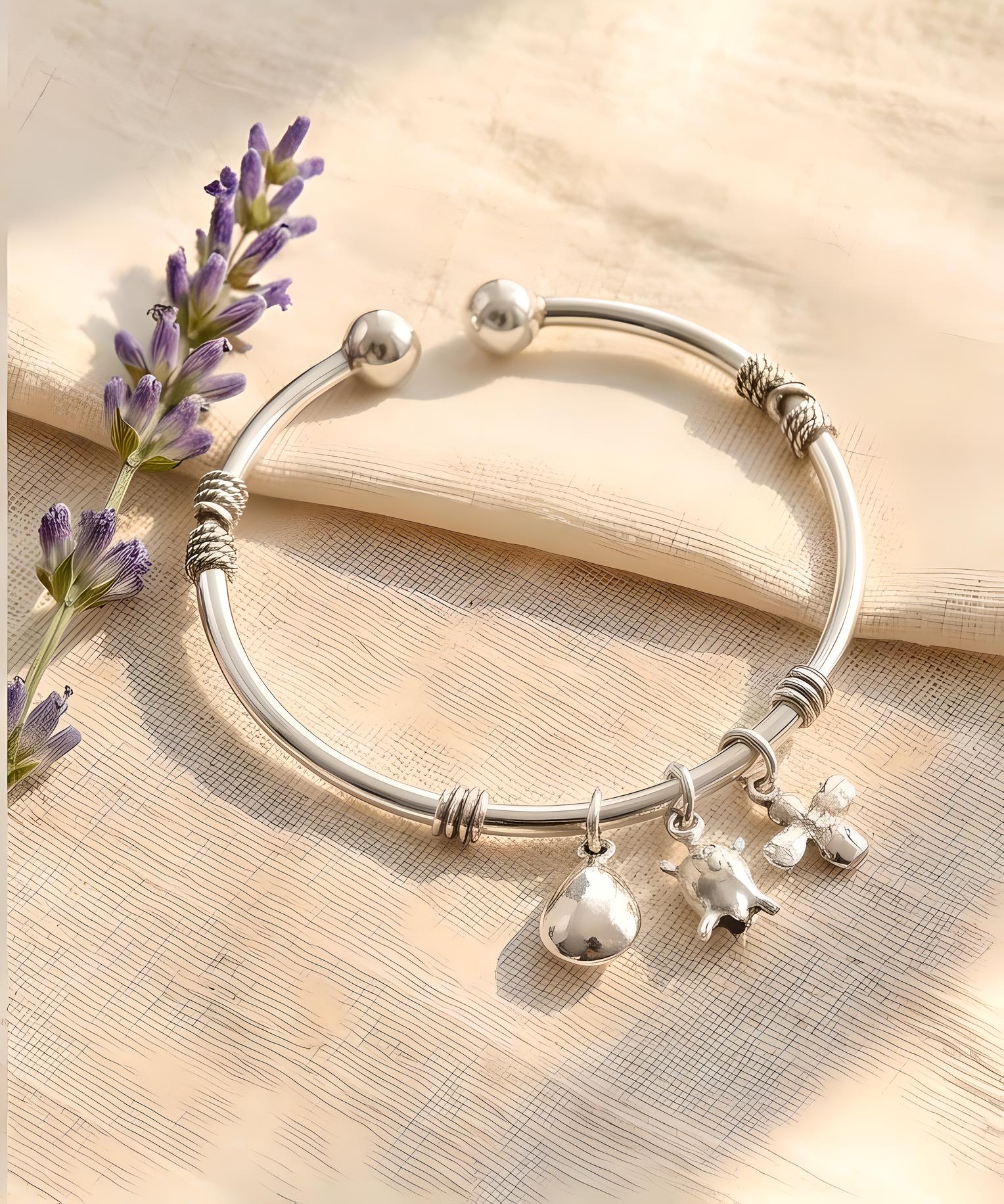 Pure 925 Sterling Silver Charm Bracelet with Teardrop, Turtle, and Flower Charms, Open Cuff Bangle For Women (Pack of 1)