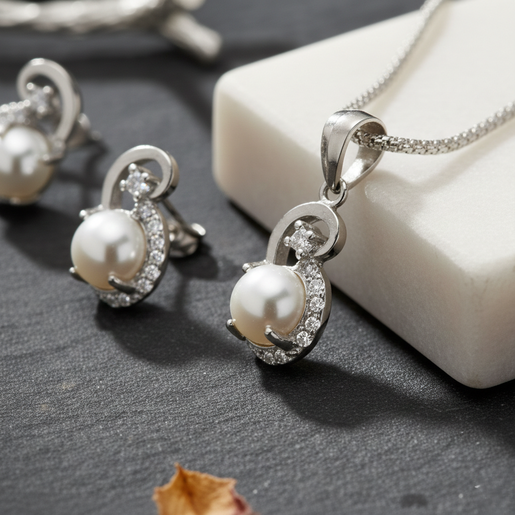 Pure 925 sterling silver Elegant Pearl Necklace & Earrings Set, Jewelry Set For Women,Girls (Set of 1)