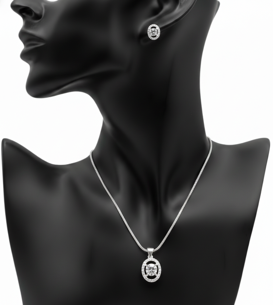   Pure 925 Sterling Silver Crystal Pendant & Earrings Set - Sparkling CZ Pendant Necklace & Stud Earrings for Women,Girls