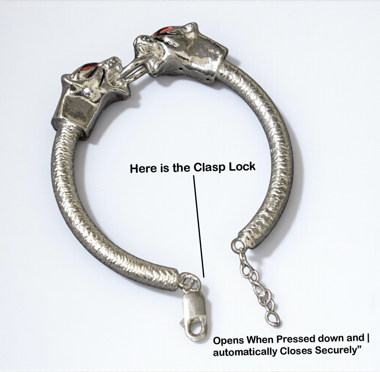 Pure 925 Sterling Silver Twin Jaguar Sterling Silver Fusion Bracelet with Red Stone Accents. With Adjustable Chain, Bracelet For Mens (Pack of 1)