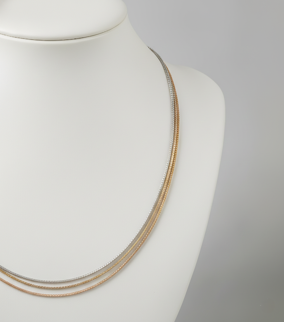 Pure 925 Silver Multi-Strand Chain Necklace, Tri-Color Gold Rose Gold Silver Tone For Women,Girl