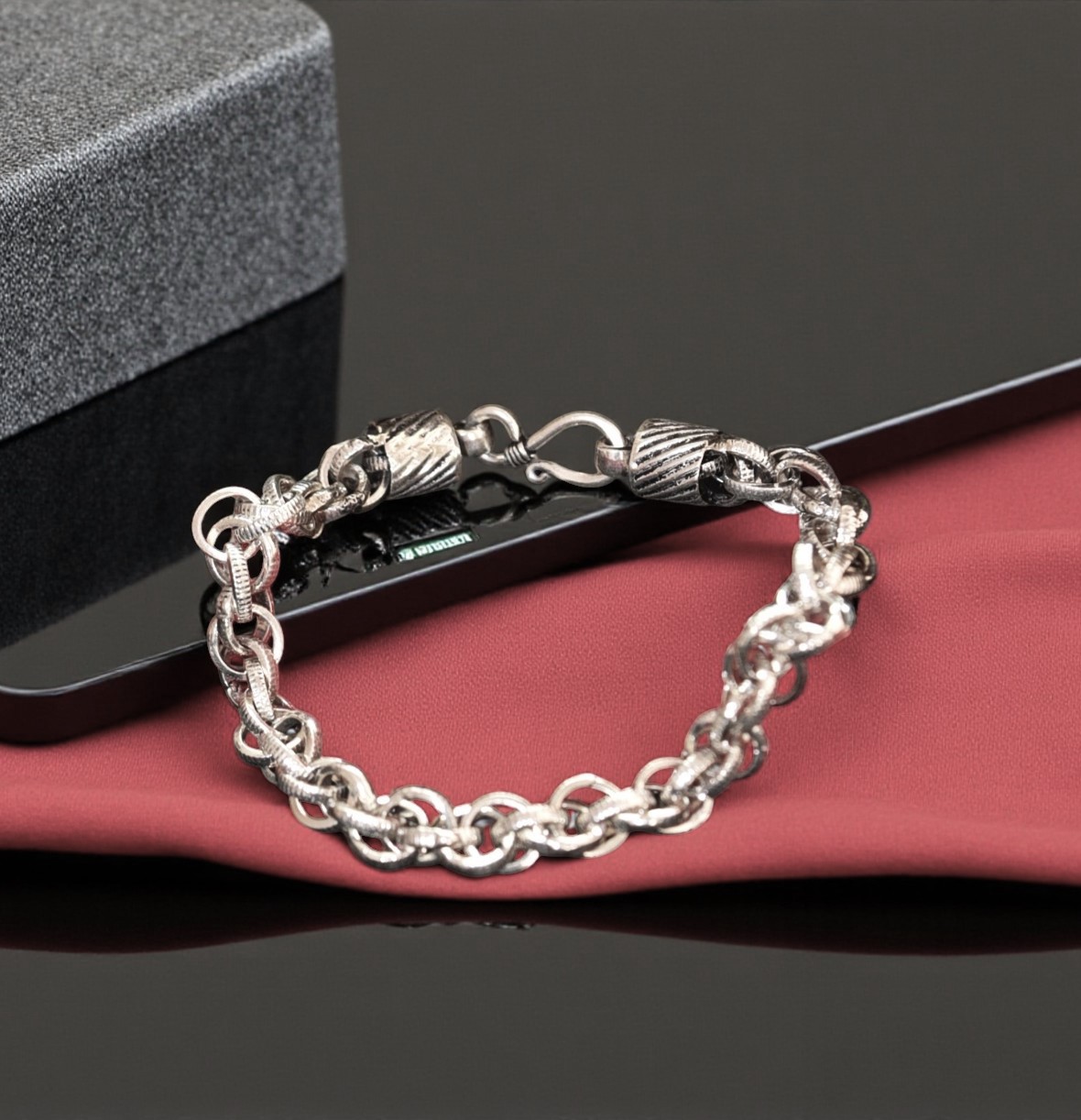 Pure Handcrafted 925 Sterling Oxidized Silver Bracelet Textured Double Link Chain Bracelet for Men & Women (Pack of 1)