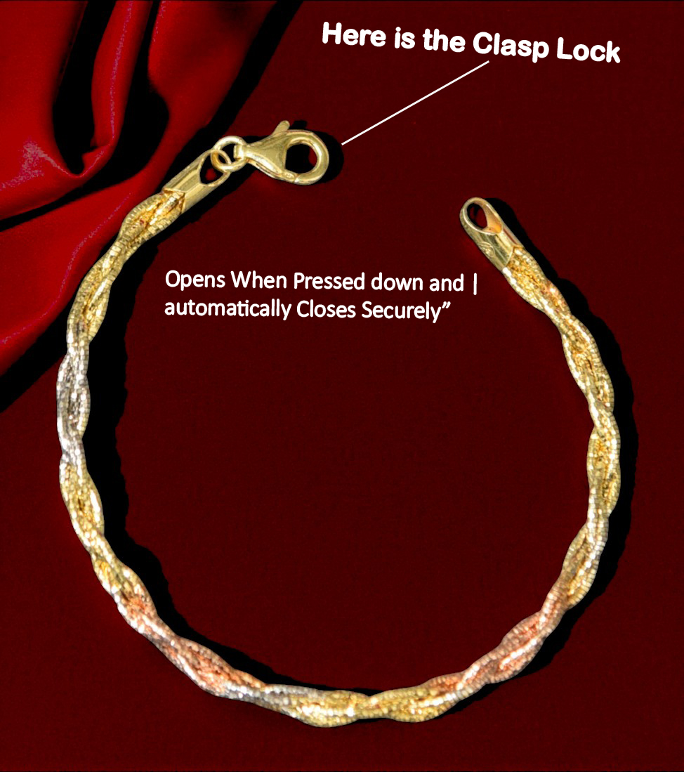 Pure 925 Sterling Silver Twisted Tri-Color Bracelet, Gold Rose Gold Silver Tone, For Women,Girls (Pack of 1)