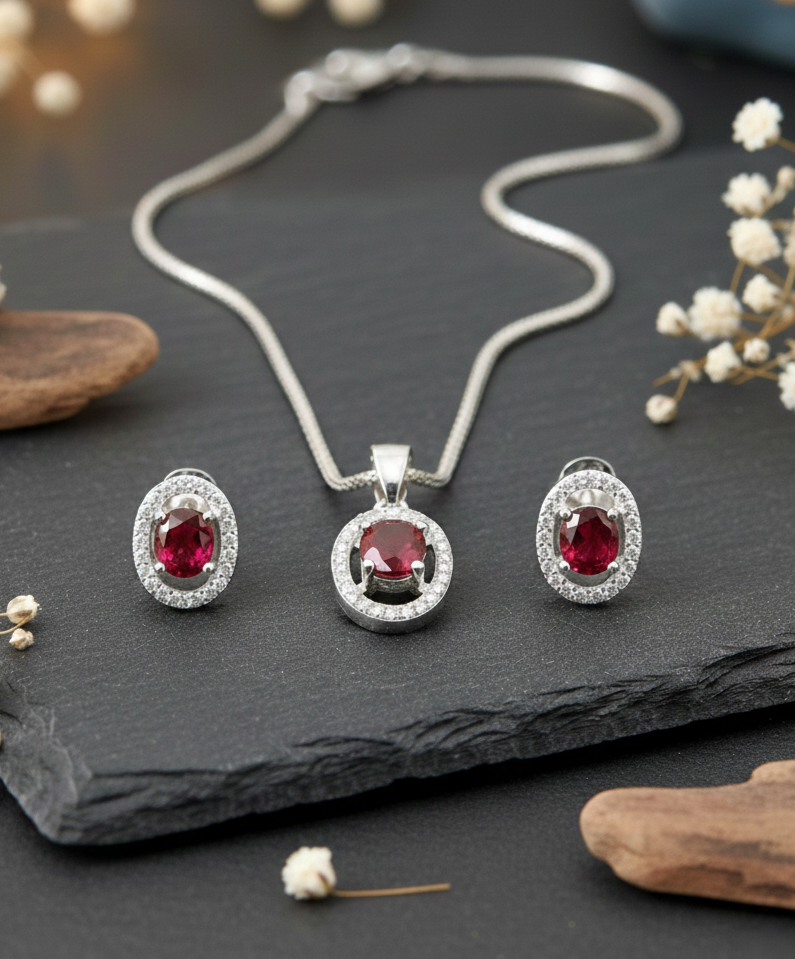 Pure 925 Sterling Silver Elegant Red Stone Oval Halo Jewelry Sett - Sparkling CZ Pendant Necklace & Stud Earrings for Women,Girl