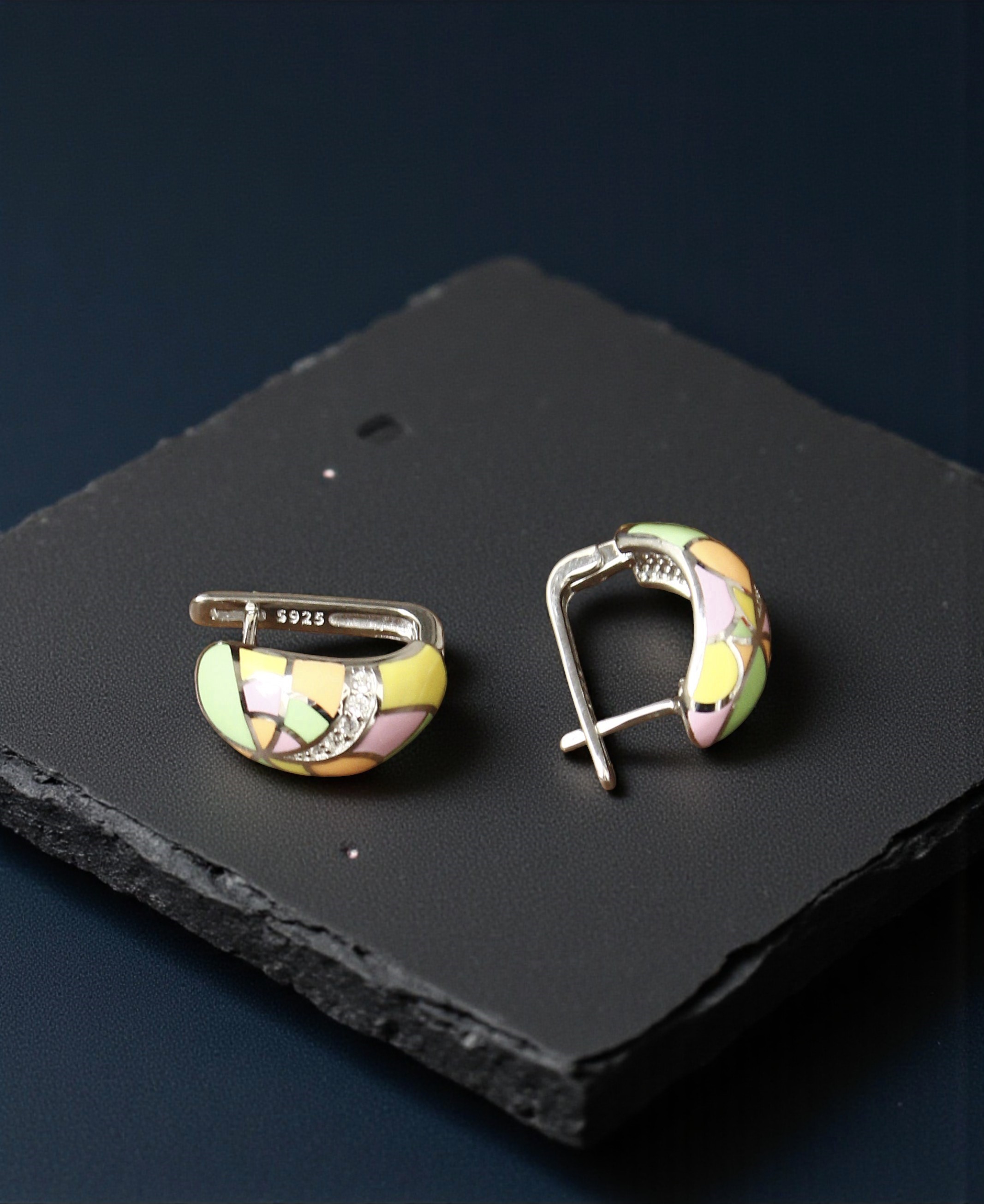 Pure 925 Sterling Silver Hoop Earrings, Multicolour Enamel with Crystal Accents, Contemporary Geometric Design Earring For Women,Girls