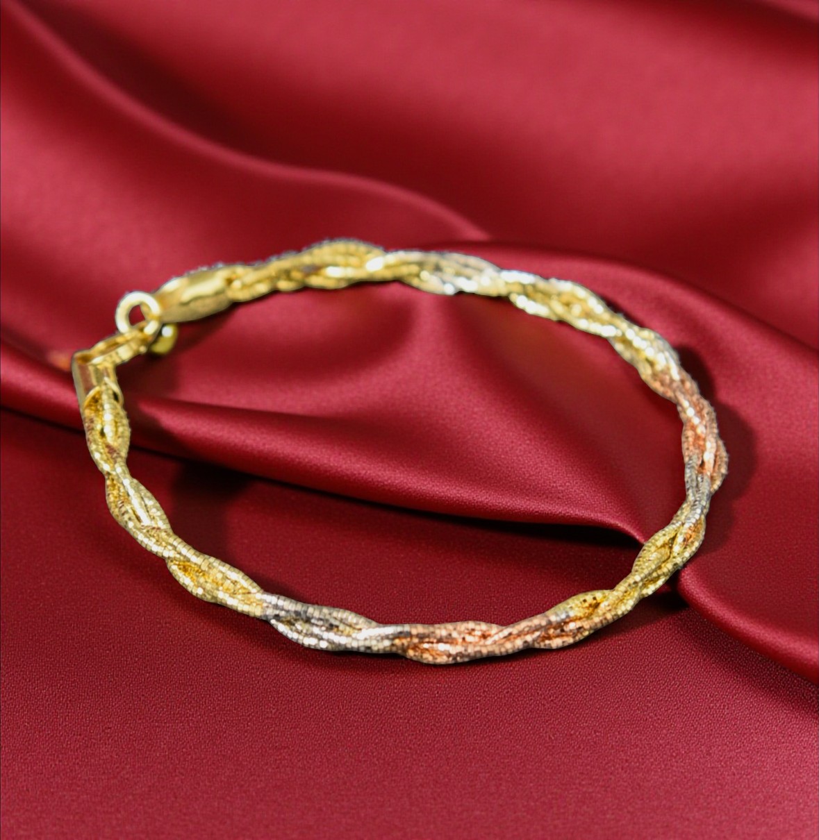 Pure 925 Sterling Silver Twisted Tri-Color Bracelet, Gold Rose Gold Silver Tone, For Women,Girls (Pack of 1)