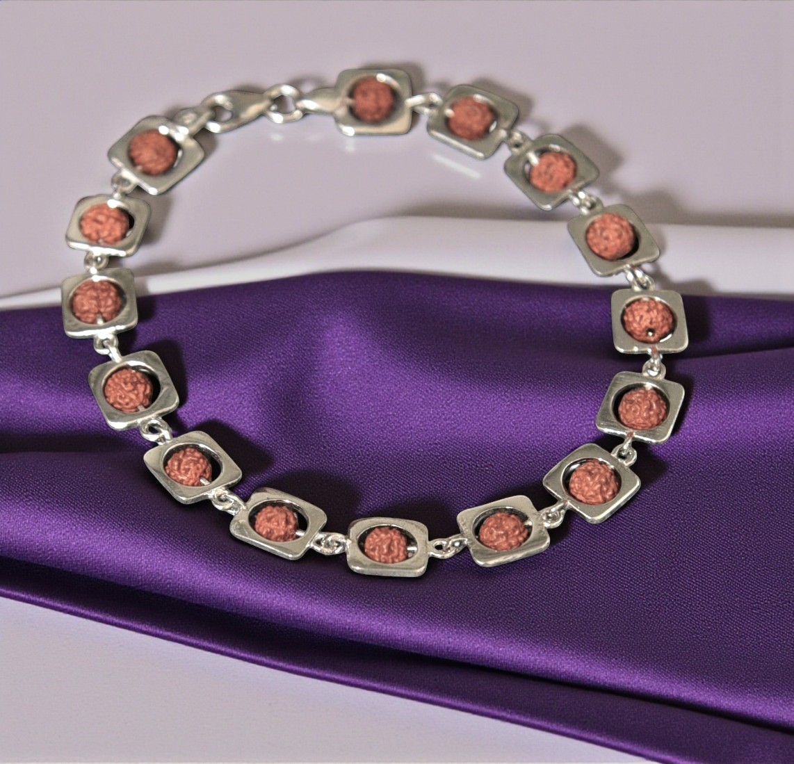 Pure 925 Sterling Silver Rudraksha Bracelet for Unisex - Modern Square Frame Link Design - Spiritual Jewelry Gift (Pack of 1)