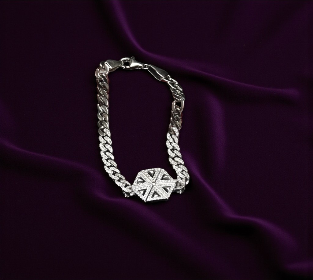 Pure 925 Sterling Silver Bracelet with Cubic Zirconia geometric X design, Centerpiece, Cuban Chain Design For Women,Girls (Pack of 1)